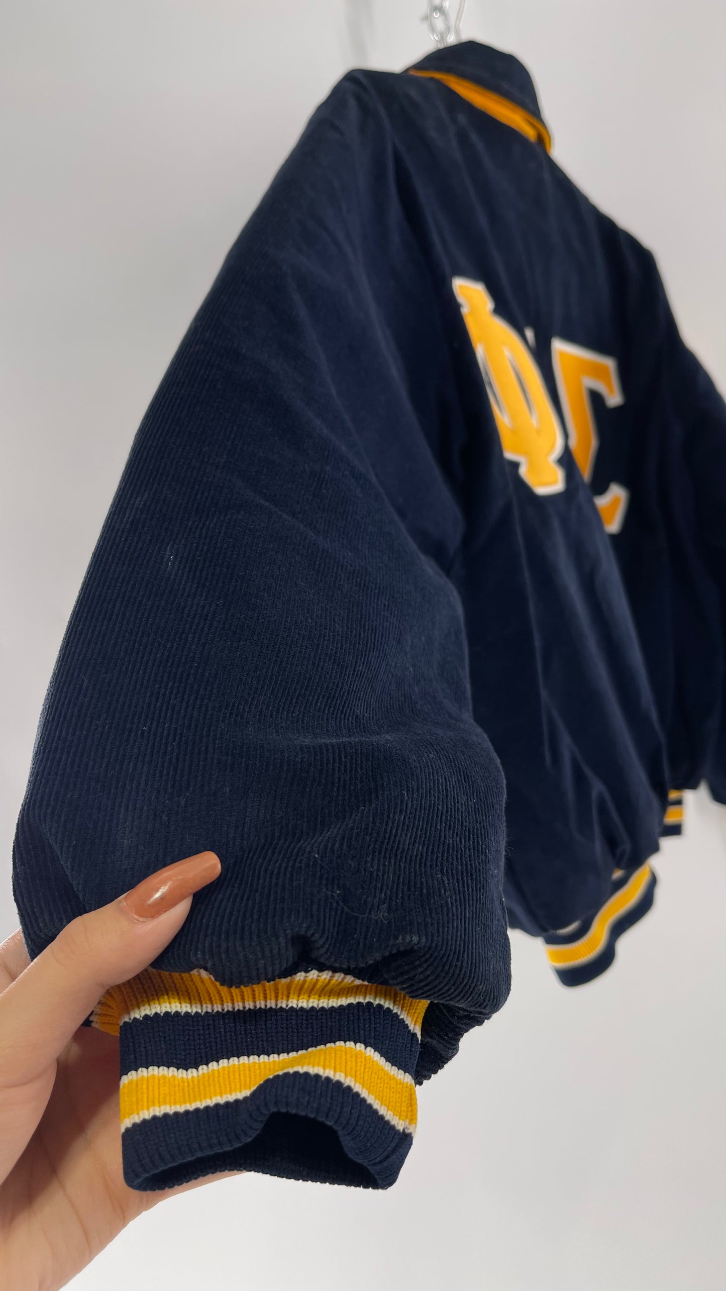 Birdie Vintage Phi Sigma Sigma Navy Blue Corduroy Varsity/Sorority Jacket with Contrast Yellow Patches and Embroidered “Paula” Monogram (Large)
