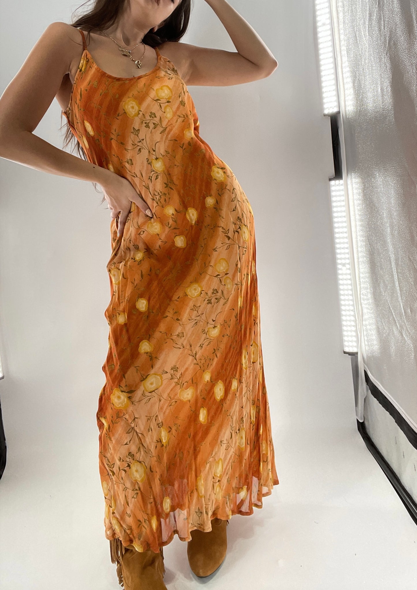 Deadstock Vintage 1990s Sacred Threads Midi Sunset Ombré Dress with Yellow Flowers (M/L)