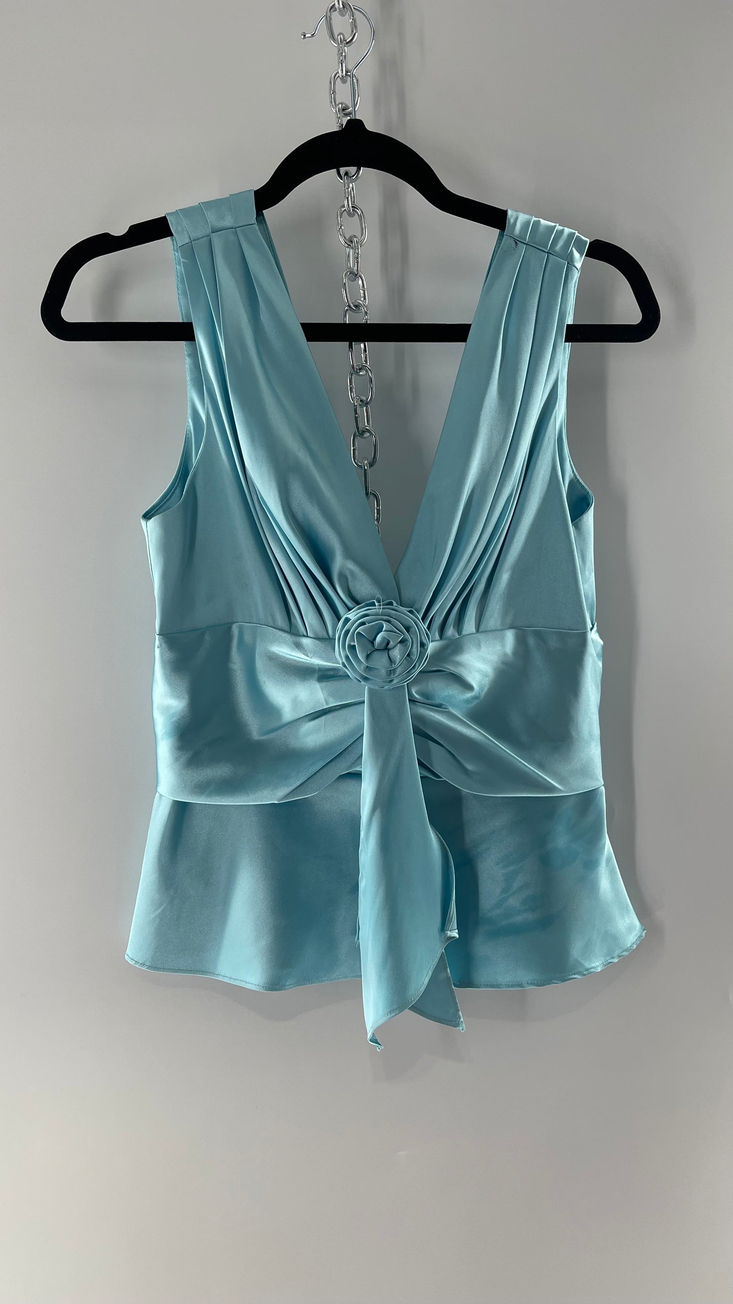 Vintage Jessica McClintock Baby Blue Satin Pleated Sleeve Tank with Draping and Rosette (8)