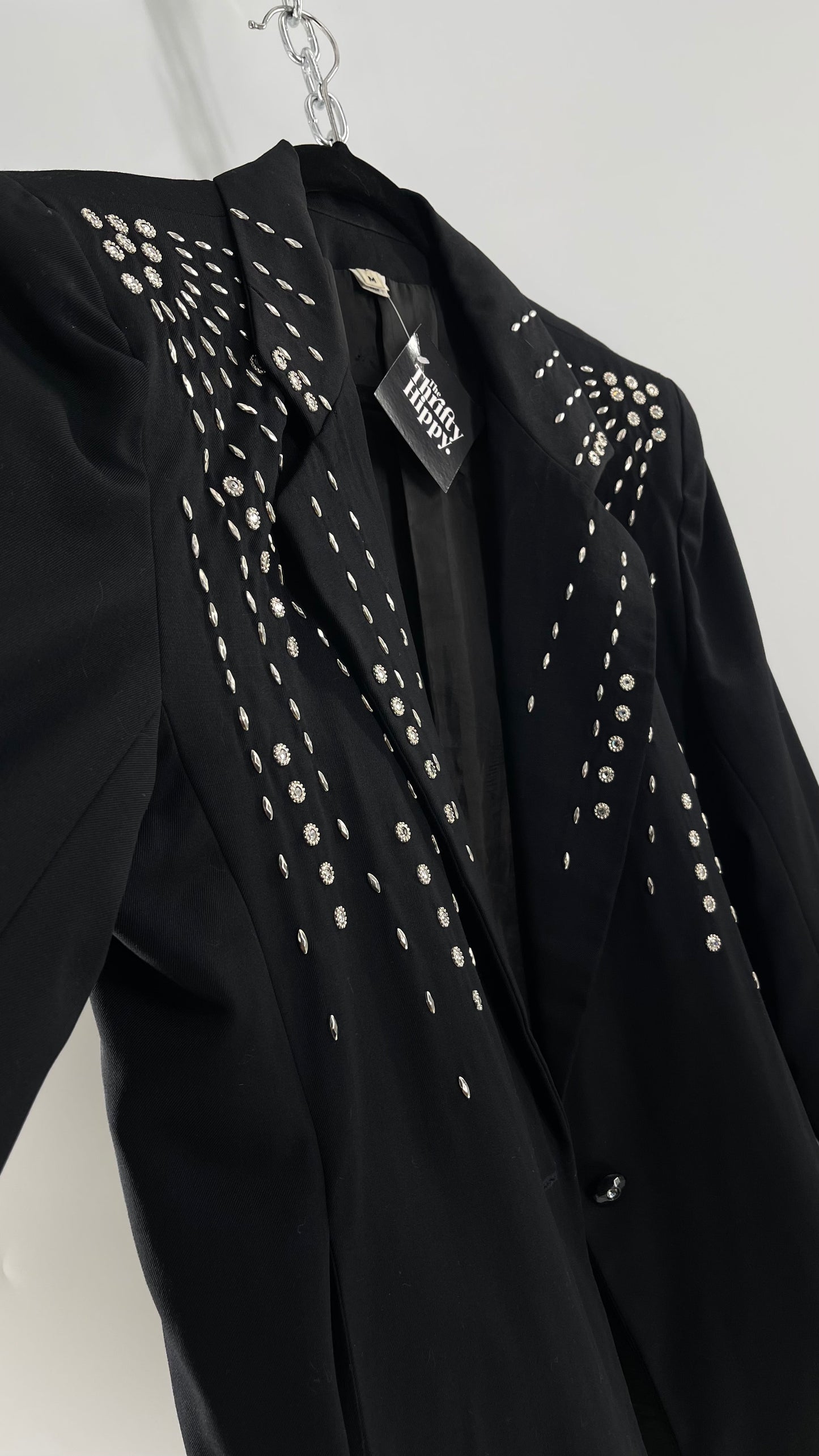 Vintage Black Blazer with Silver Metal Studs and Rhinestone Embellishments (C)(Medium)