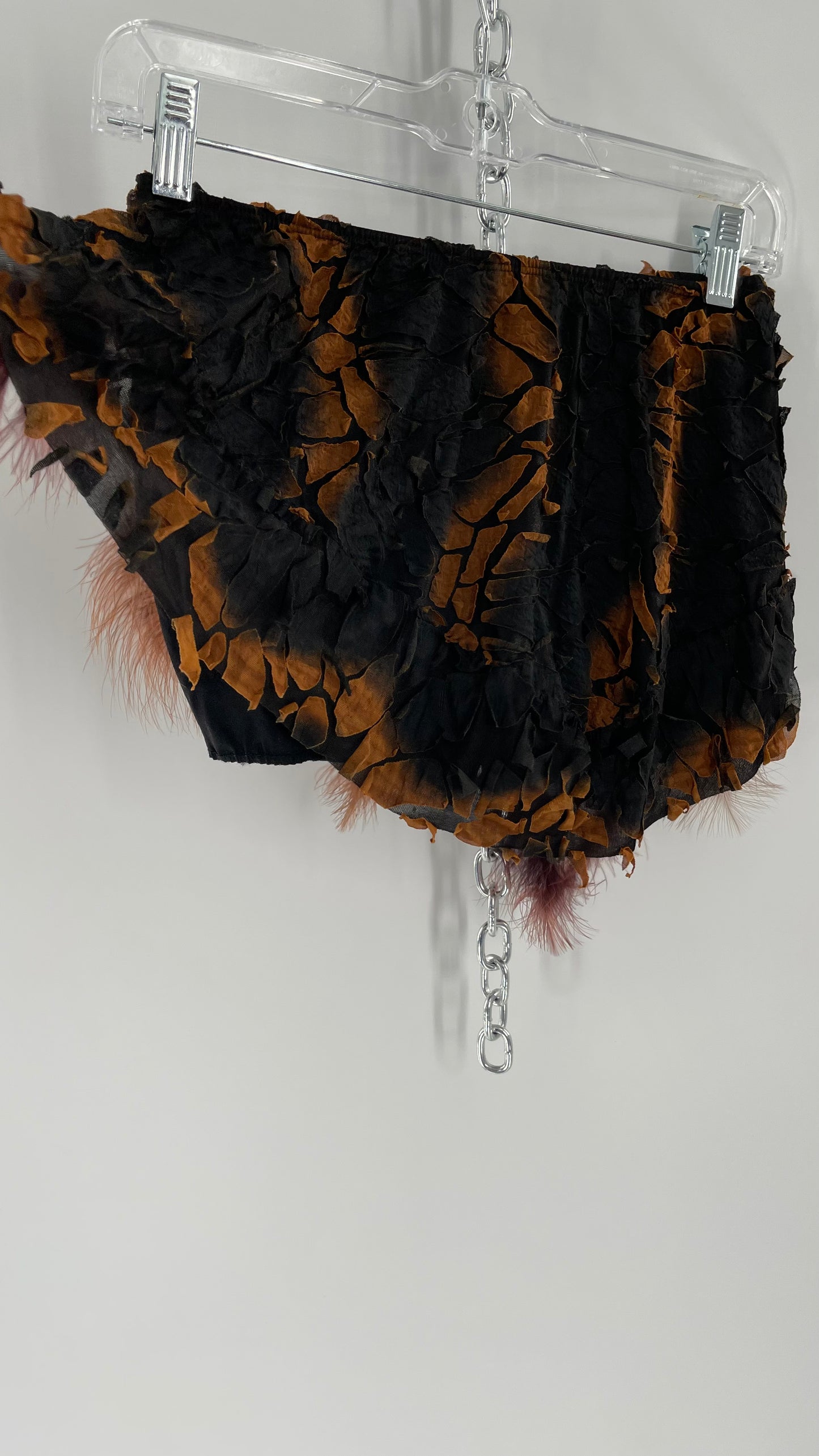 Vintage Micro Mini Skirt/ Skirt BeltWith Hidden Shorts, Textured Burnt Scale Fabric, and Feathered Asymmetric Hem (XS/S)