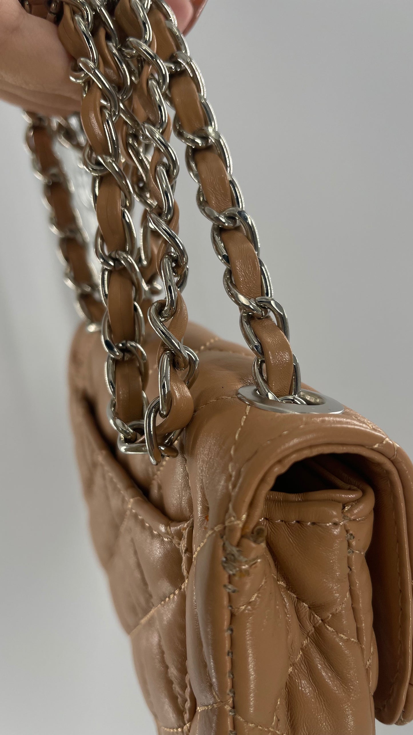 Tan Metallic Quilted Inauthentic Chanel Bag with Silver Chain Strap