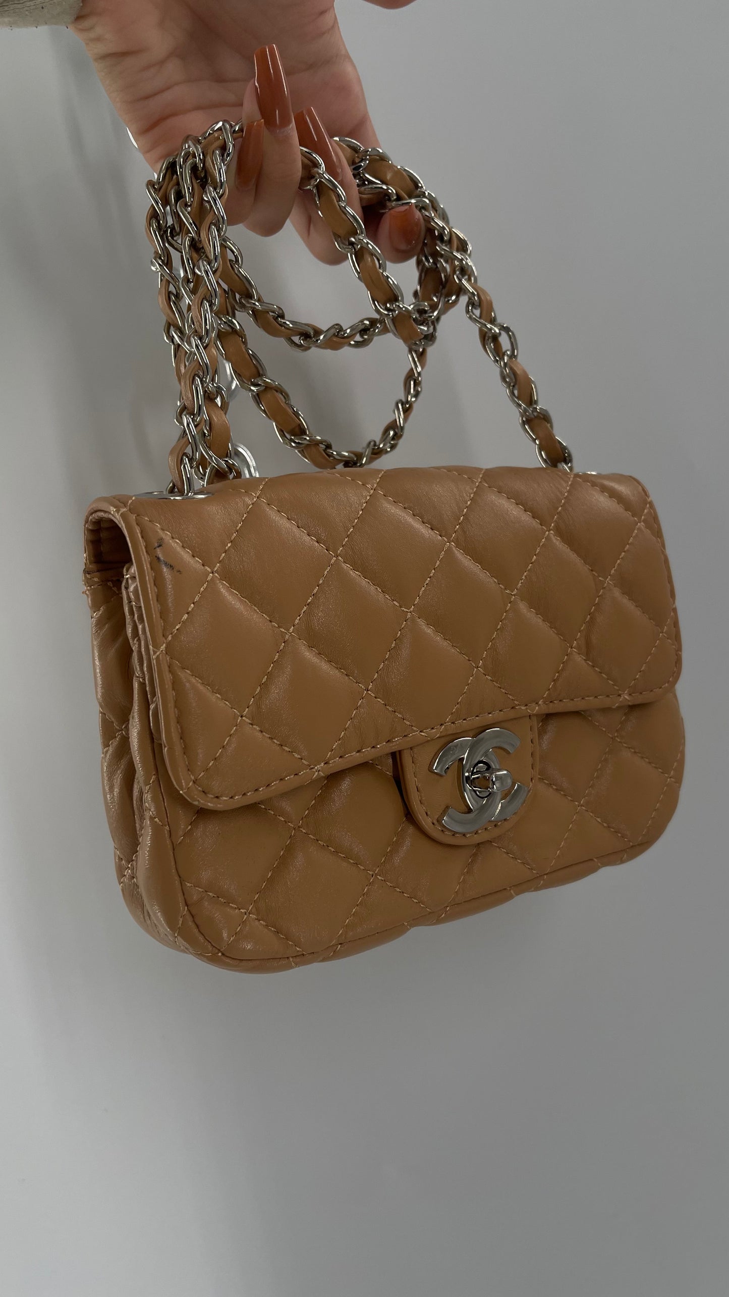 Tan Metallic Quilted Inauthentic Chanel Bag with Silver Chain Strap
