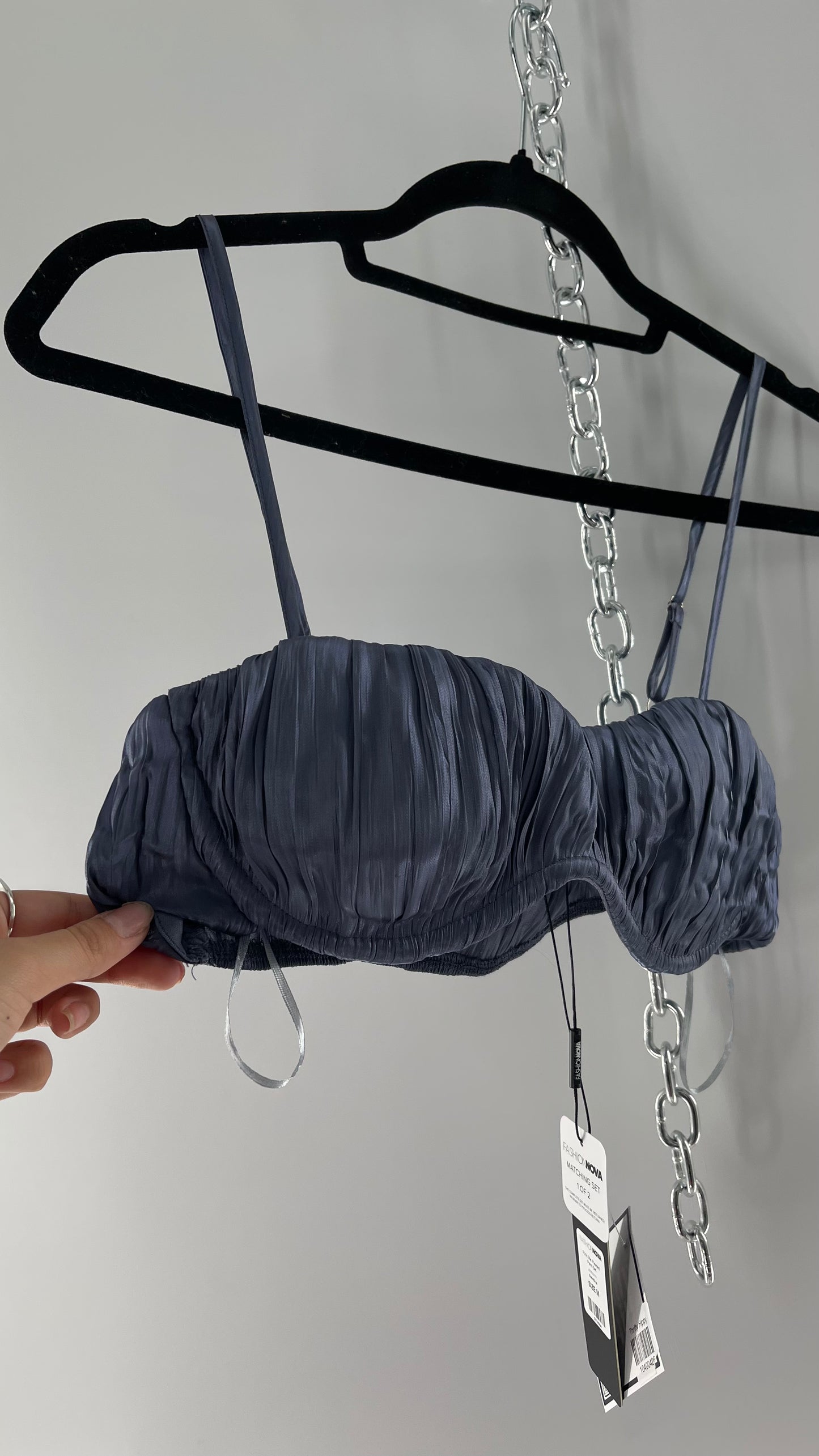 Fashion Nova Pick Me Metallic Blue Pleated Underwire Bra Top with Tags Attached (Medium)