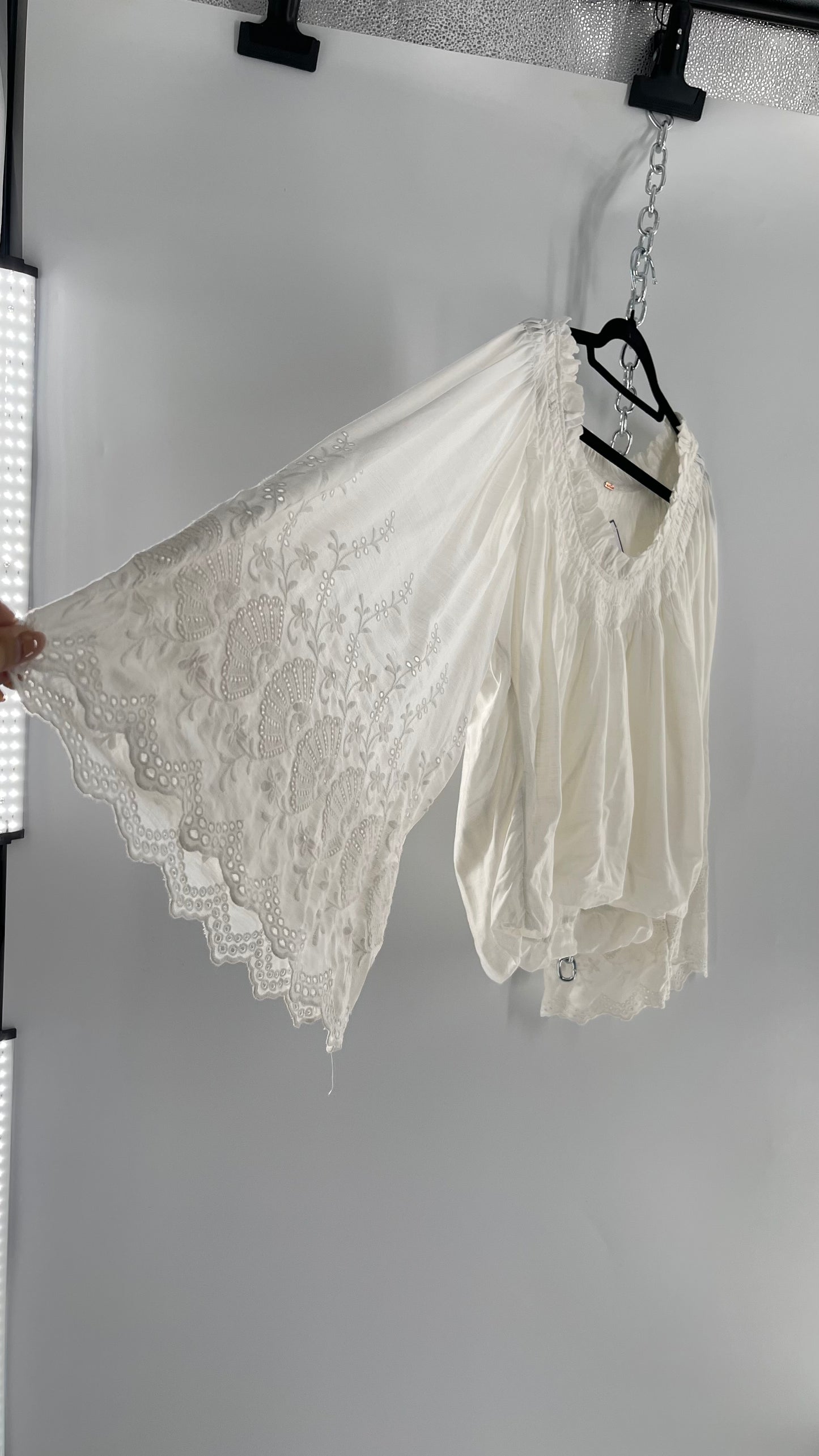 Free People White Bubble Hem Blouse with Linen Embroidered Bell Sleeves (Medium)