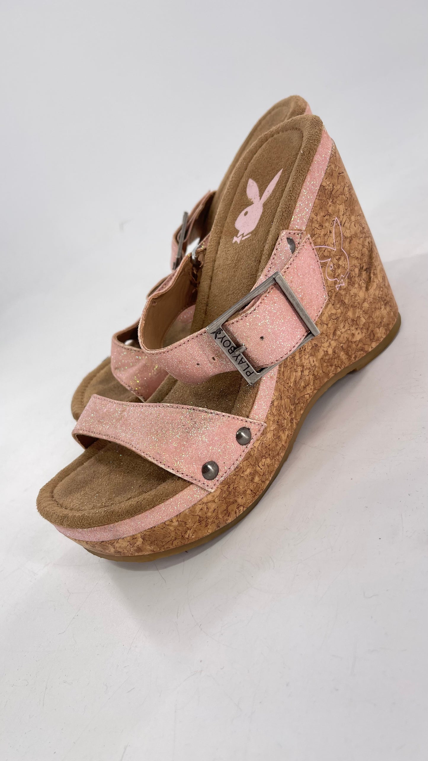 Playboy Pink Glitter Wedge Heel with Cork Heel and Playboy Engraved Buckle (6)