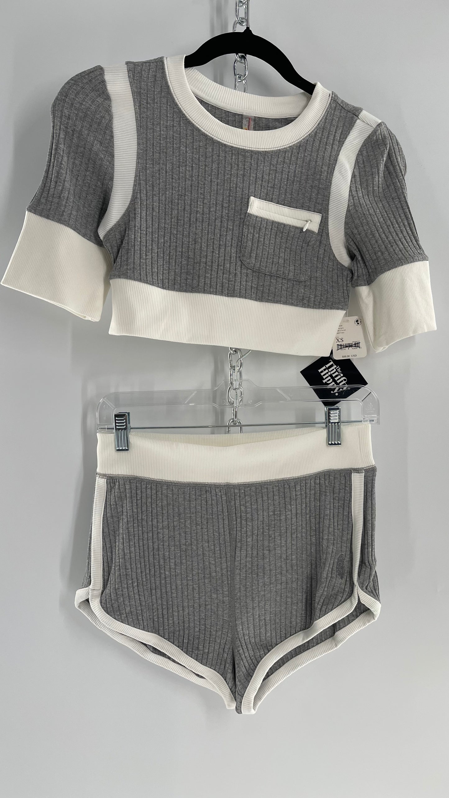 Free People Grey Knit Jersey Loungewear Set with Cropped Short Sleeve and Shorts (XS)