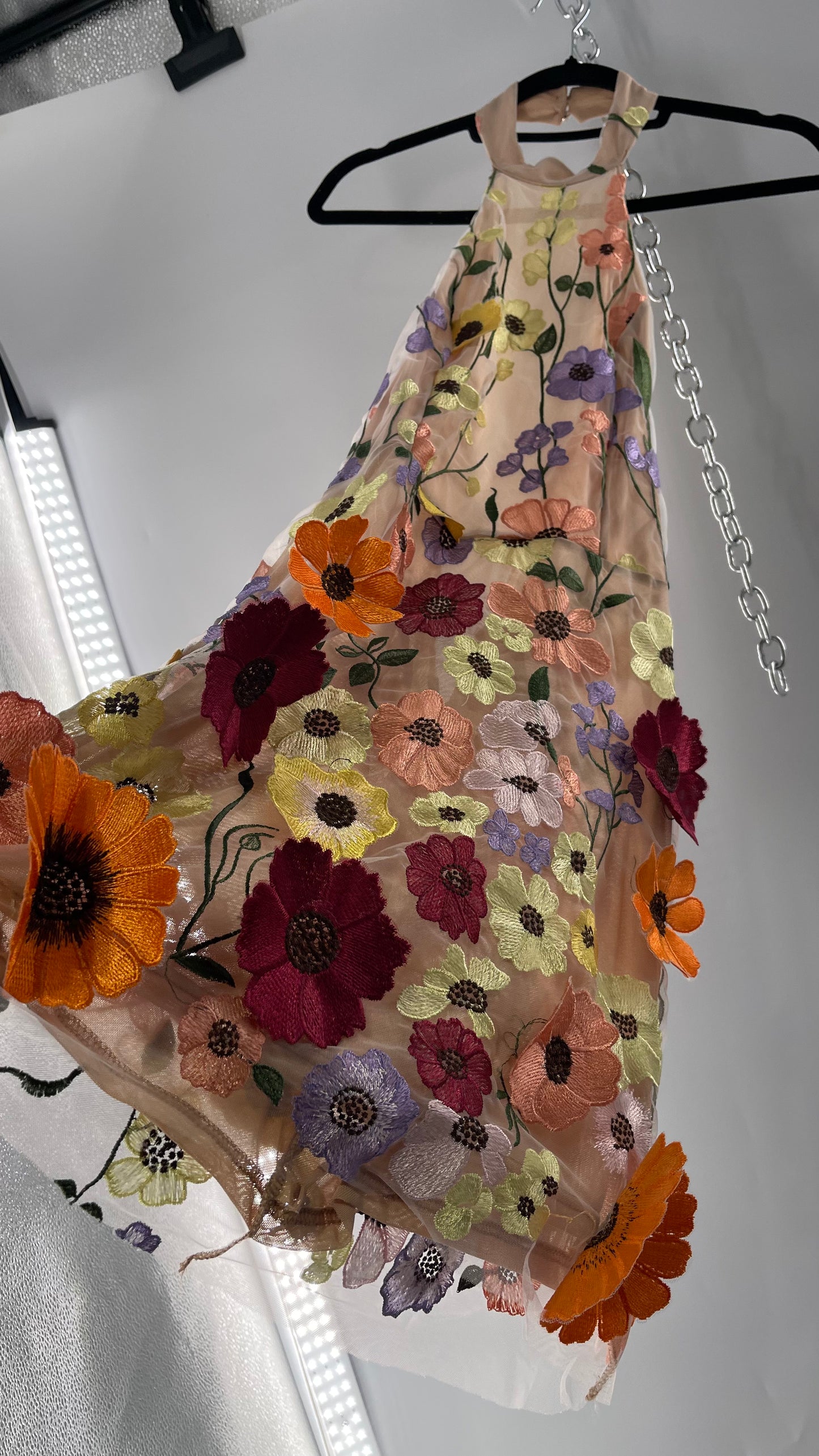 Mesh Backless Mini Dress with Halter Neckline covered in 3D Colorful Embroidered Flower Appliqués (Medium)
