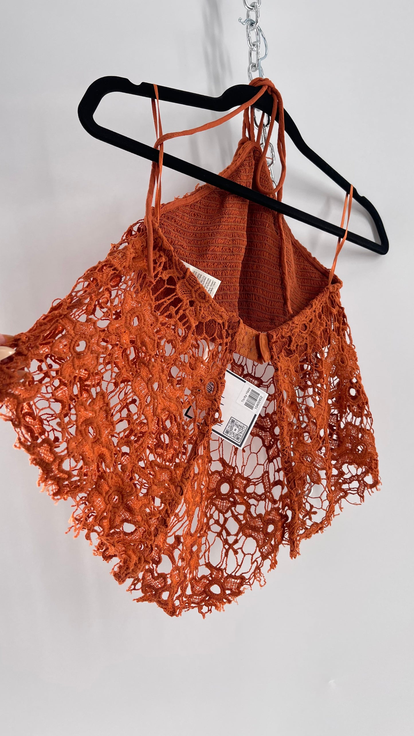 Free People Burnt Orange Lace Halter with Pointed Handkerchief Hem (XS)