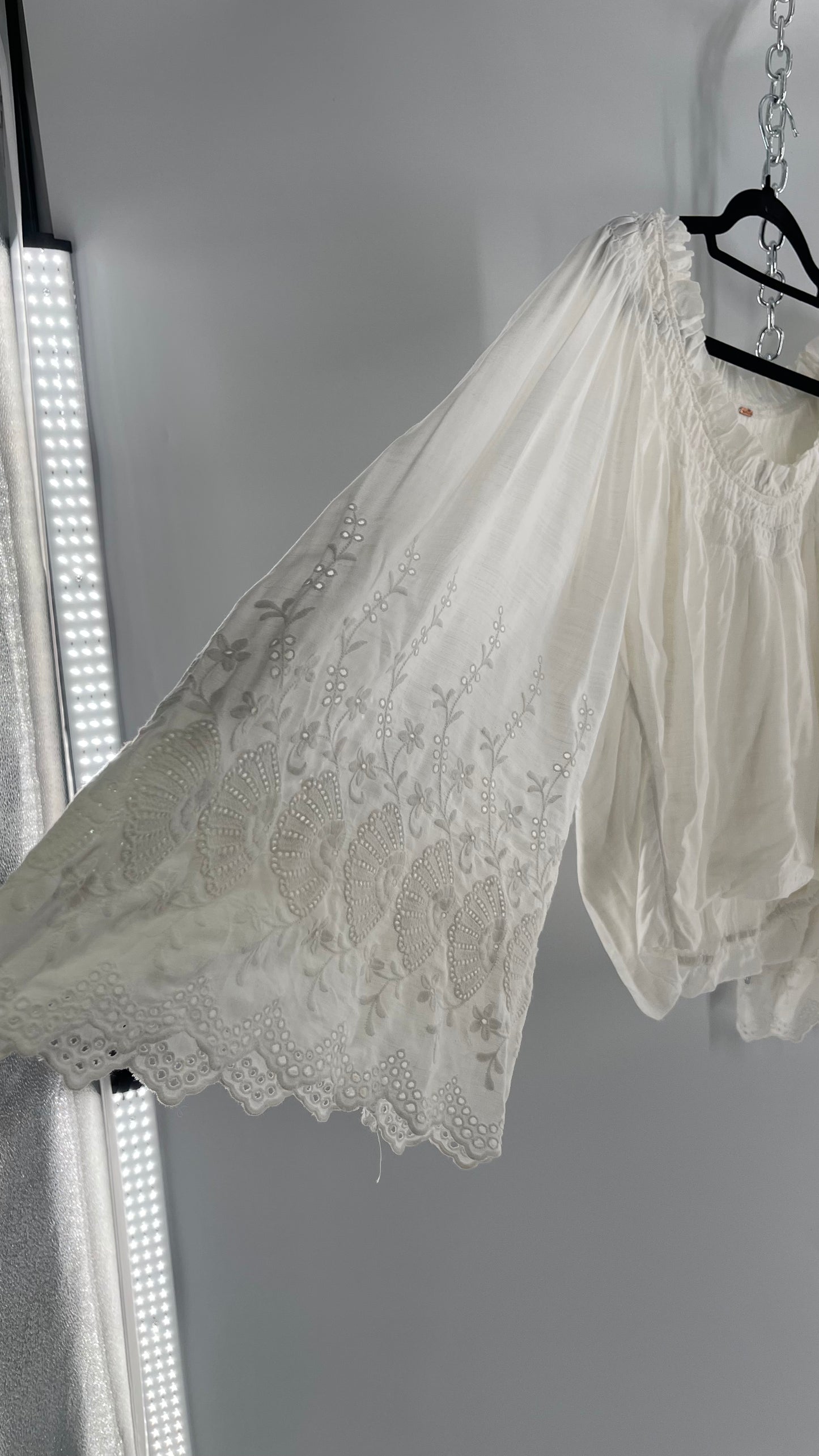 Free People White Bubble Hem Blouse with Linen Embroidered Bell Sleeves (Medium)