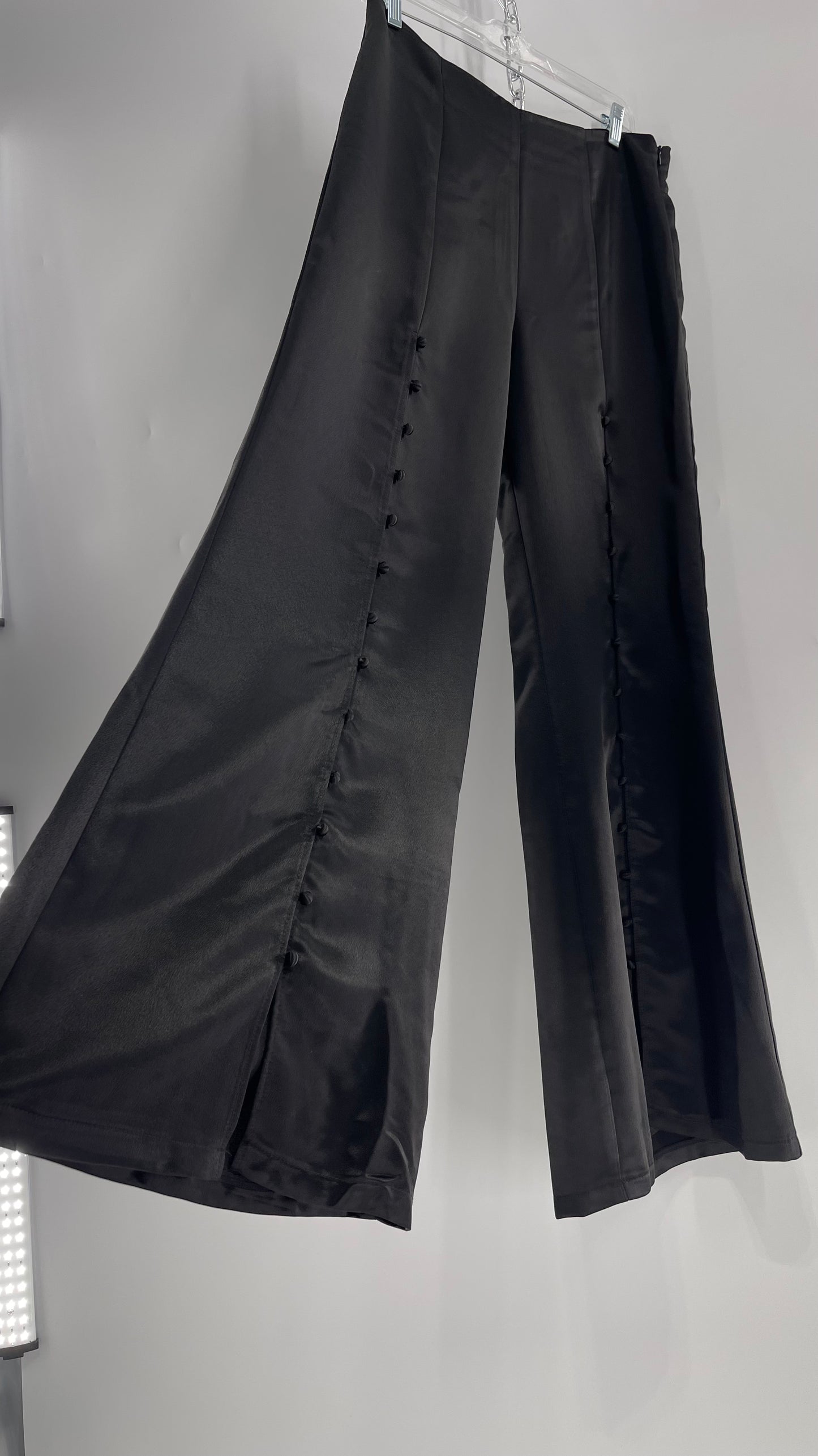 WHY Sultry Steps Black Satin Wide Leg Trouser with Vertical Strip of Satin Buttons (Medium)