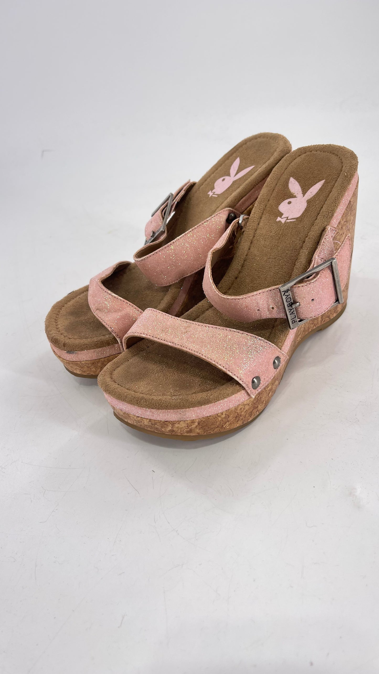 Playboy Pink Glitter Wedge Heel with Cork Heel and Playboy Engraved Buckle (6)