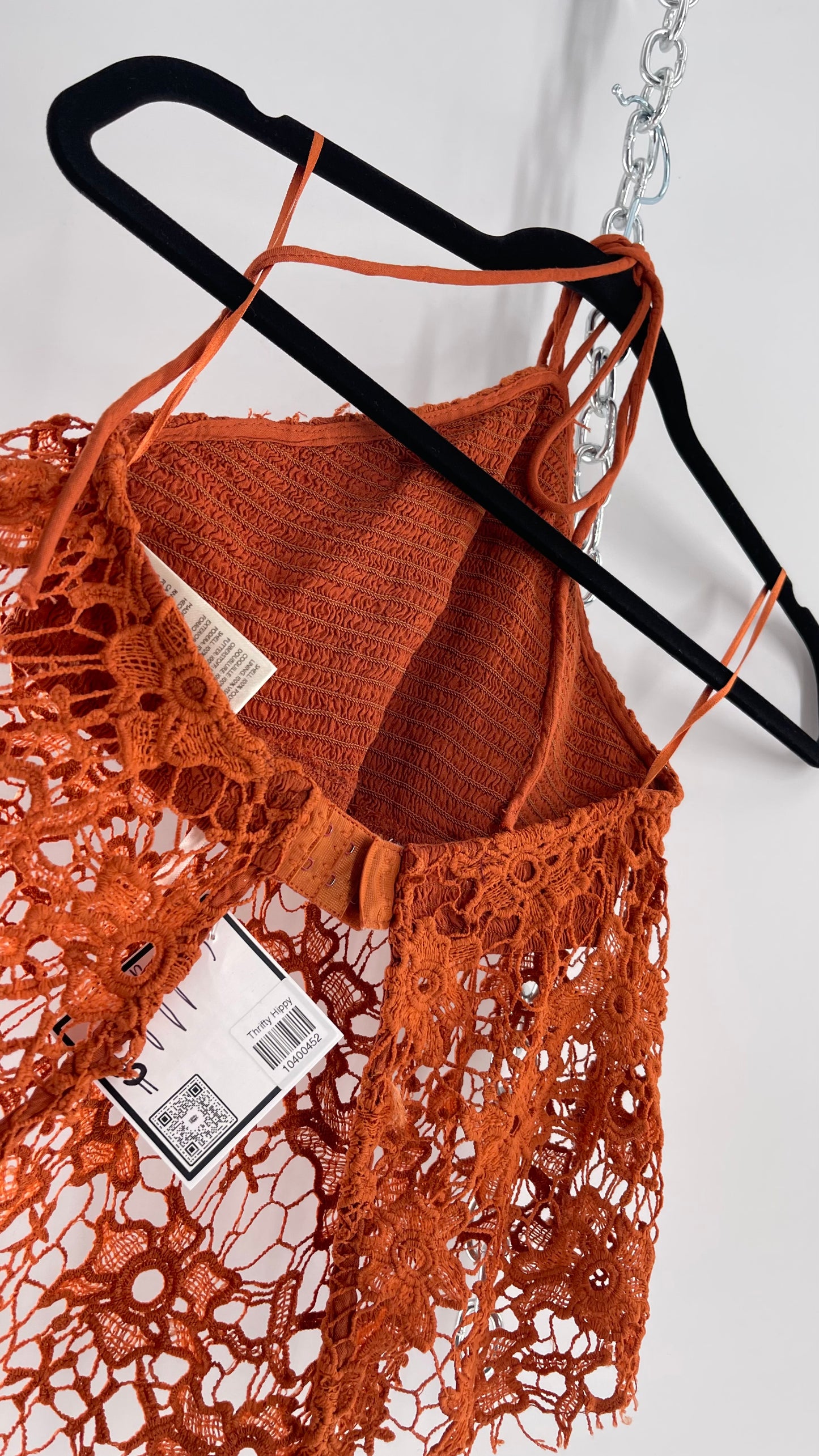 Free People Burnt Orange Lace Halter with Pointed Handkerchief Hem (XS)