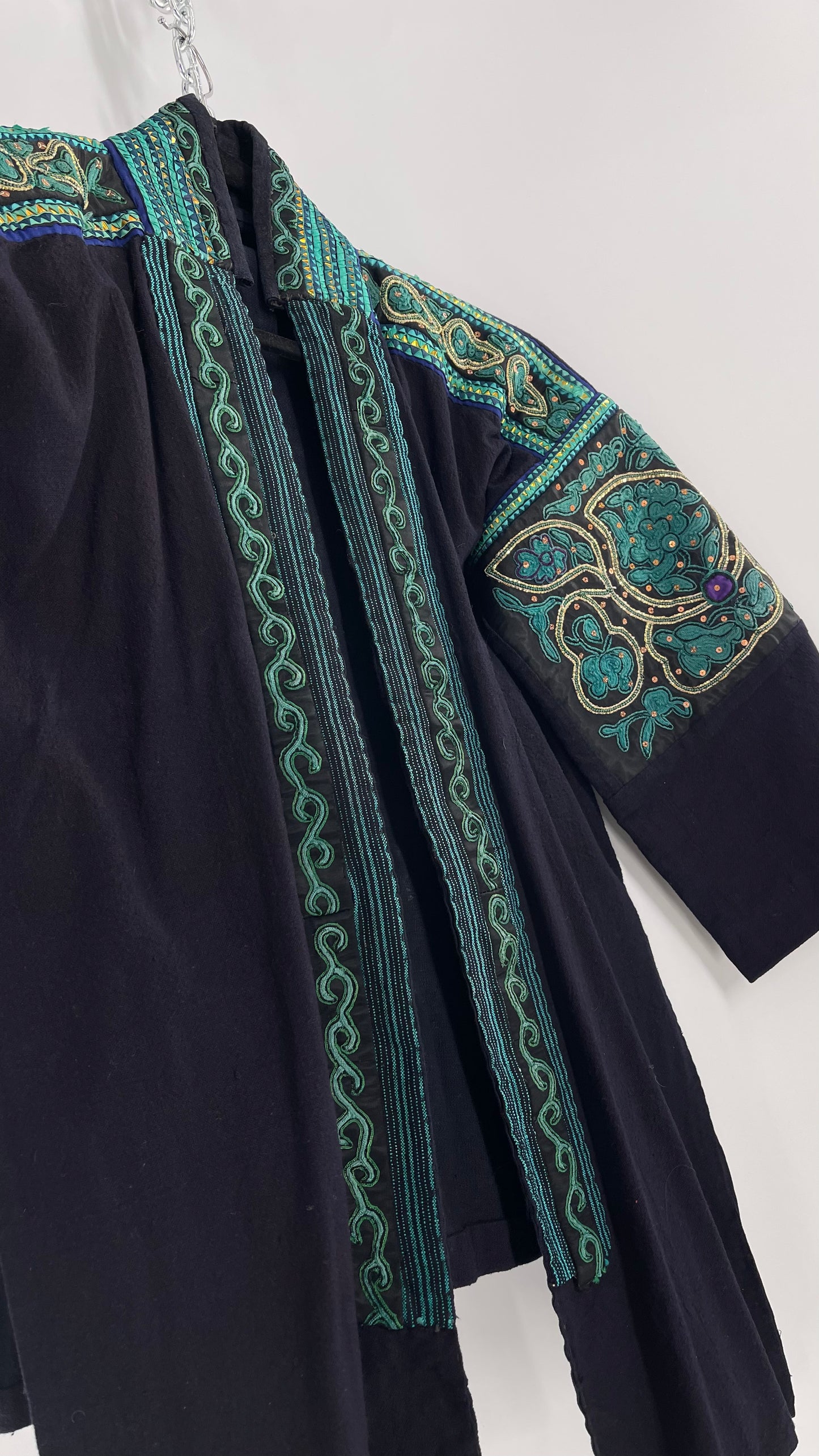 Chinese Vintage Unisex Forbidden Stitch Giuzhou Embroidered Teal Jacket (One Size)