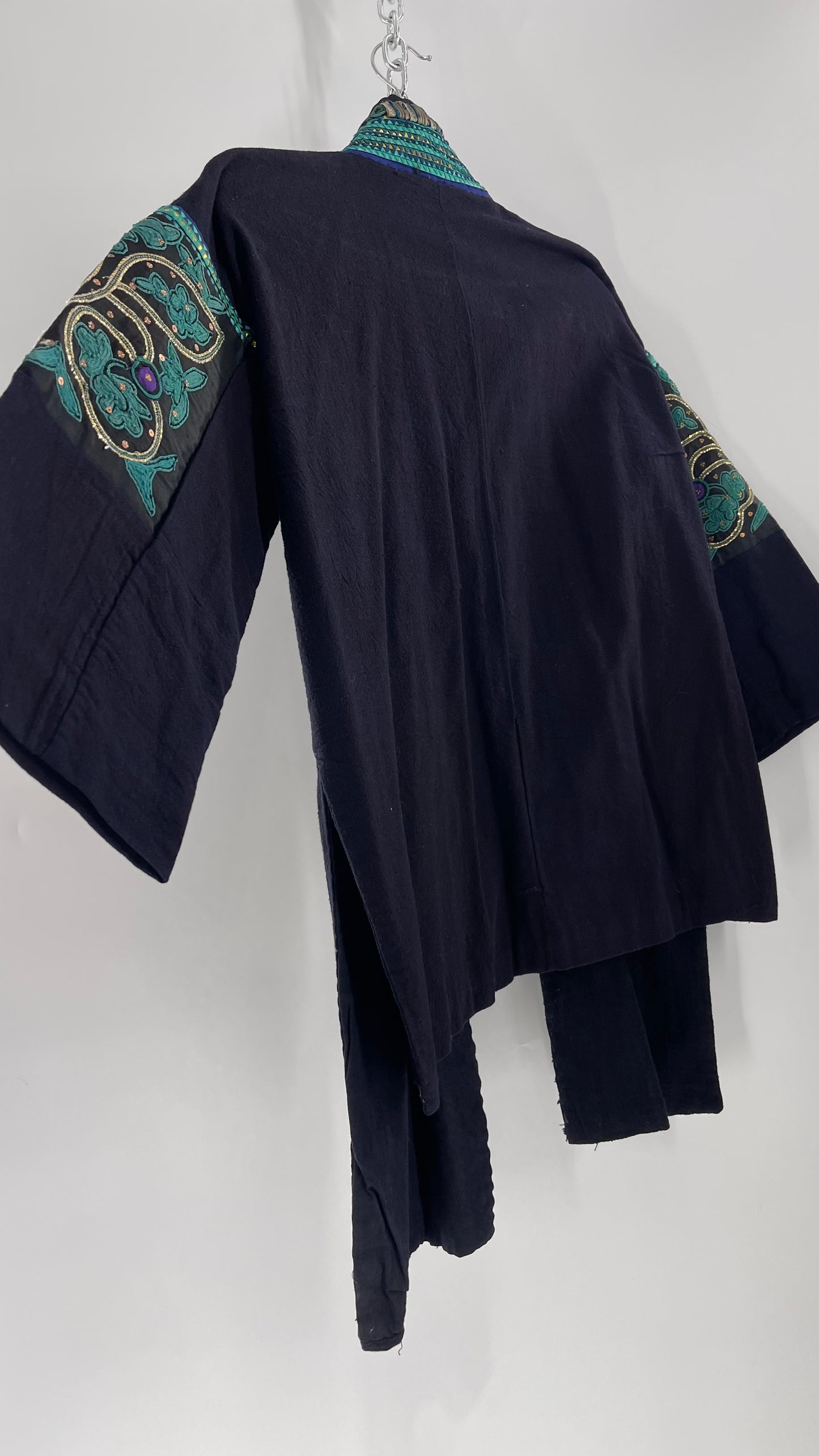 Chinese Vintage Unisex Forbidden Stitch Giuzhou Embroidered Teal Jacket (One Size)