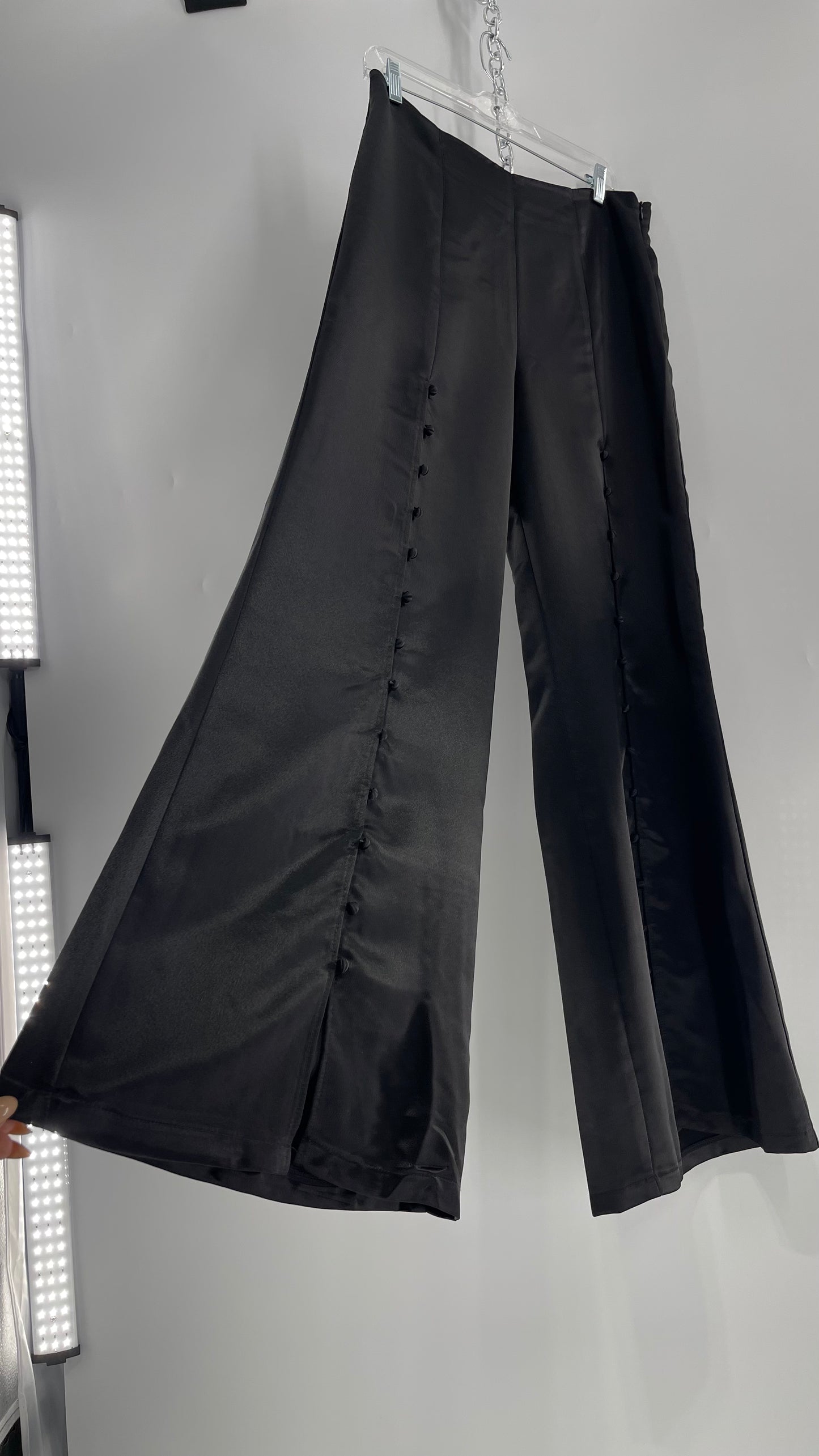 WHY Sultry Steps Black Satin Wide Leg Trouser with Vertical Strip of Satin Buttons (Medium)