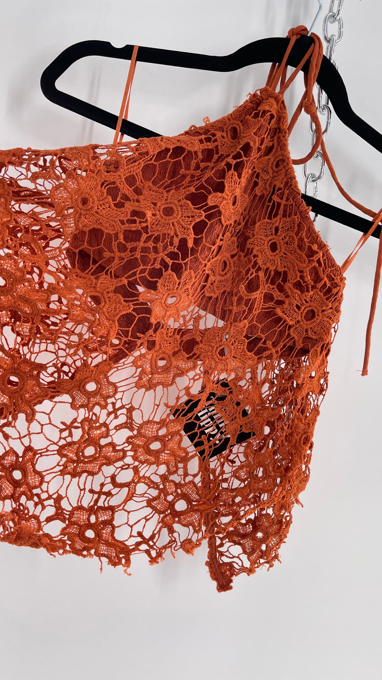 Free People Burnt Orange Lace Halter with Pointed Handkerchief Hem (XS)