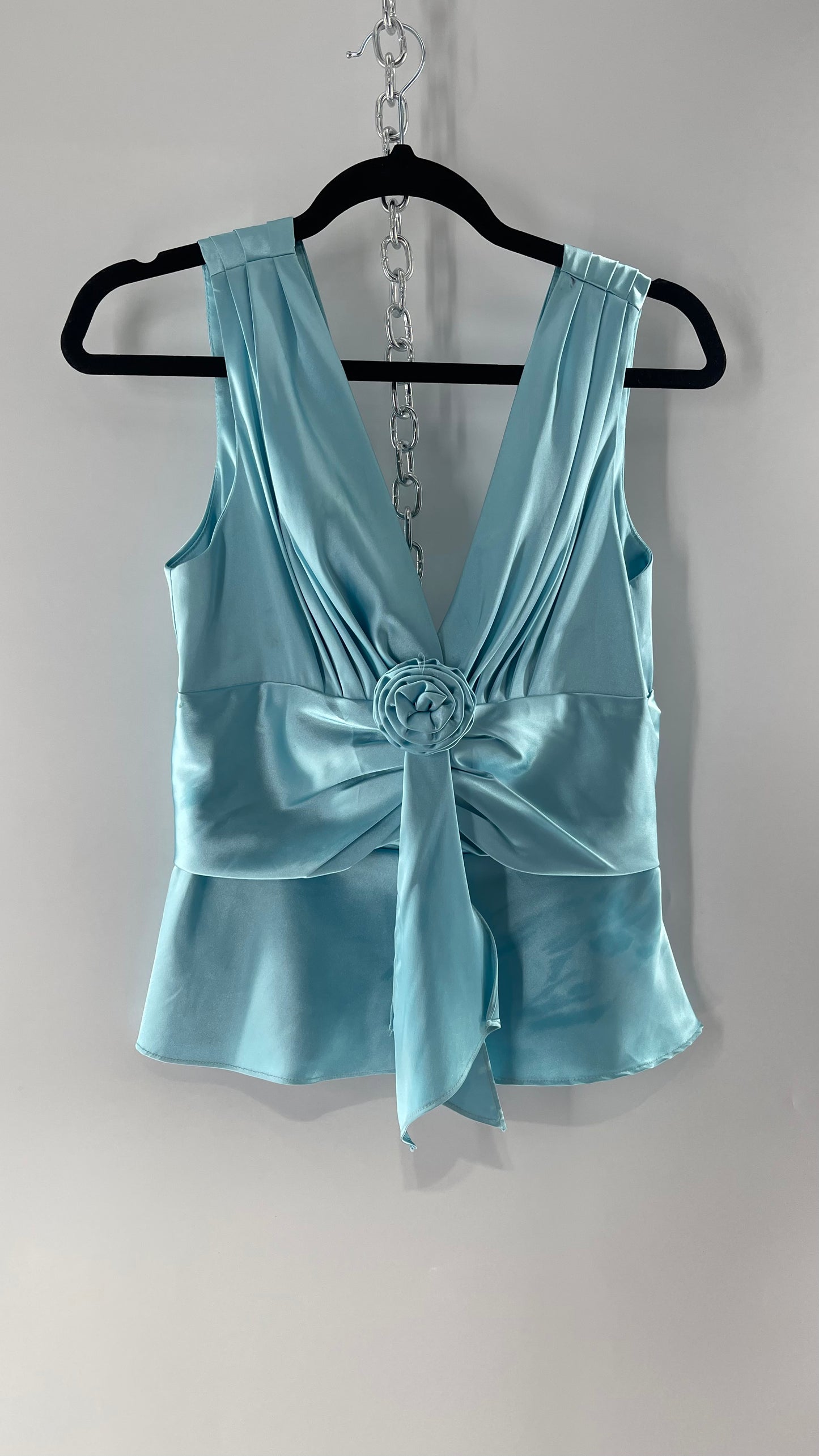Vintage Jessica McClintock Baby Blue Satin Pleated Sleeve Tank with Draping and Rosette (8)
