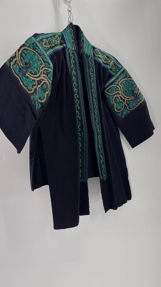 Chinese Vintage Unisex Forbidden Stitch Giuzhou Embroidered Teal Jacket (One Size)