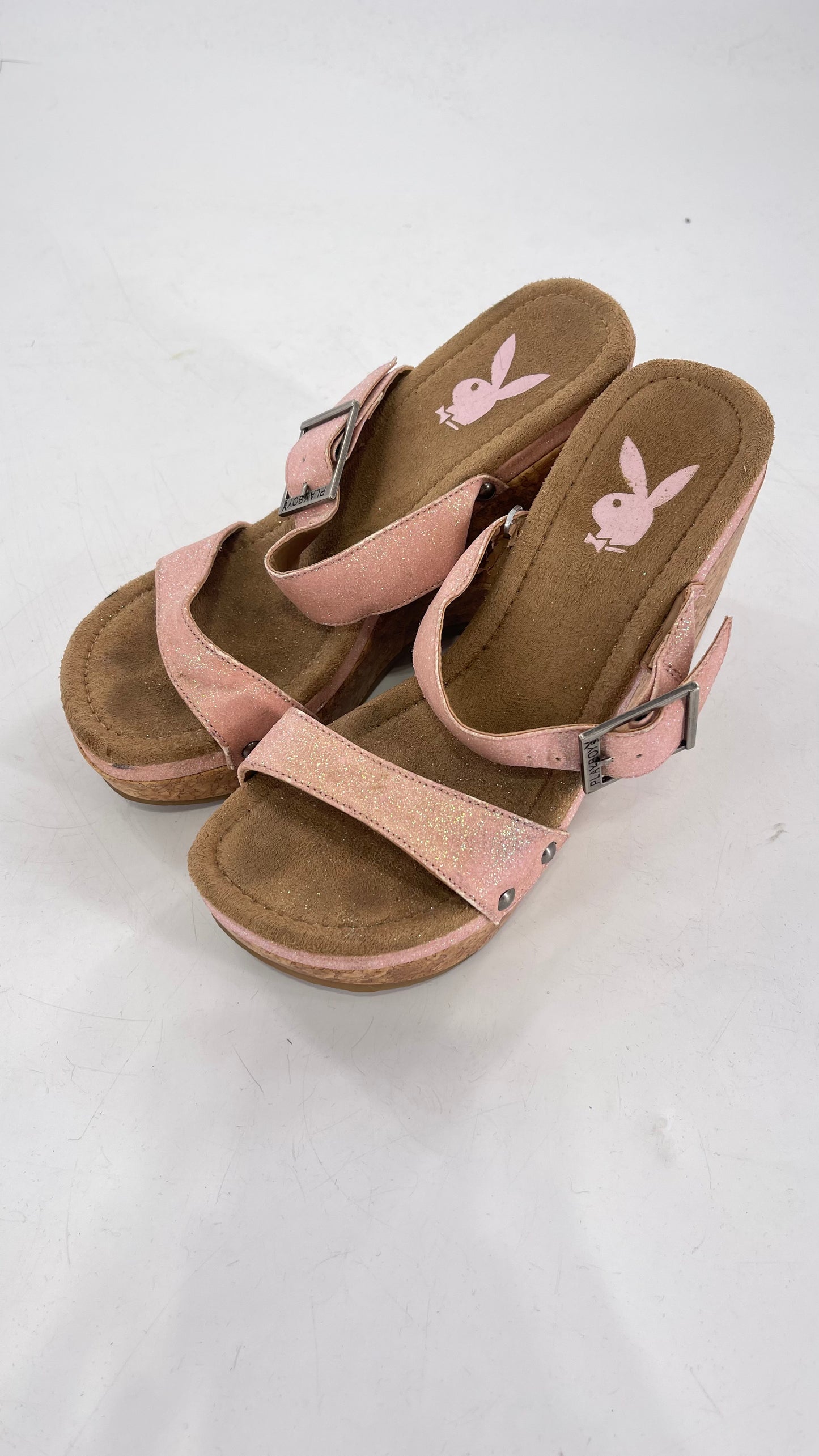 Playboy Pink Glitter Wedge Heel with Cork Heel and Playboy Engraved Buckle (6)