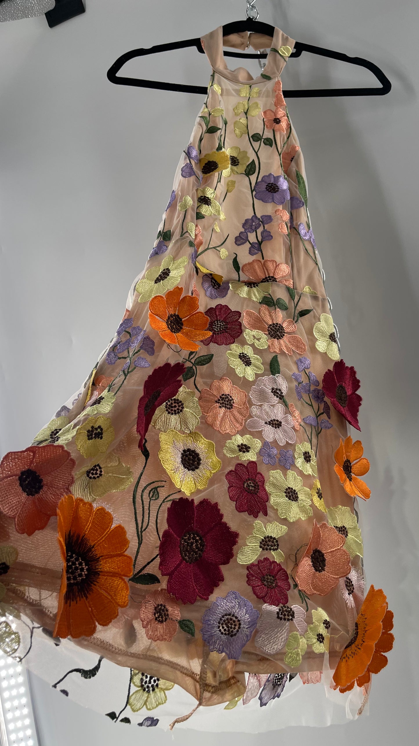 Mesh Backless Mini Dress with Halter Neckline covered in 3D Colorful Embroidered Flower Appliqués (Medium)