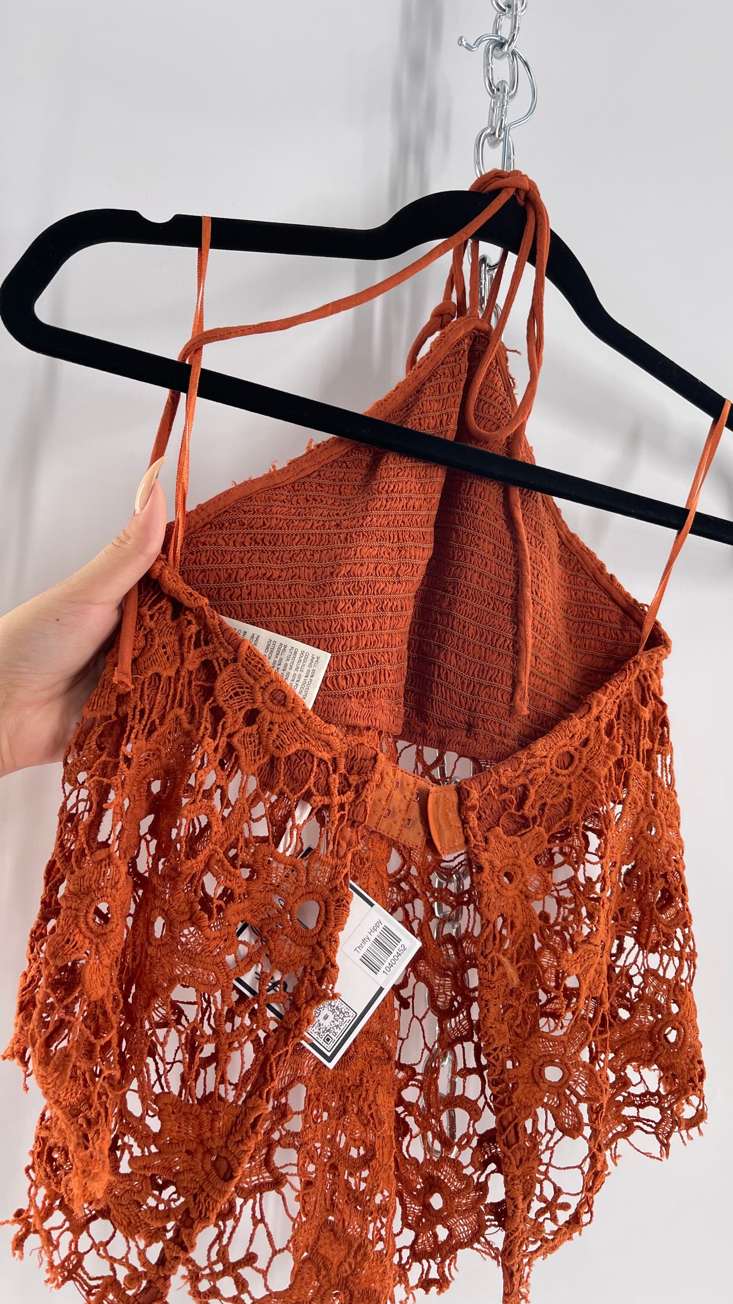 Free People Burnt Orange Lace Halter with Pointed Handkerchief Hem (XS)