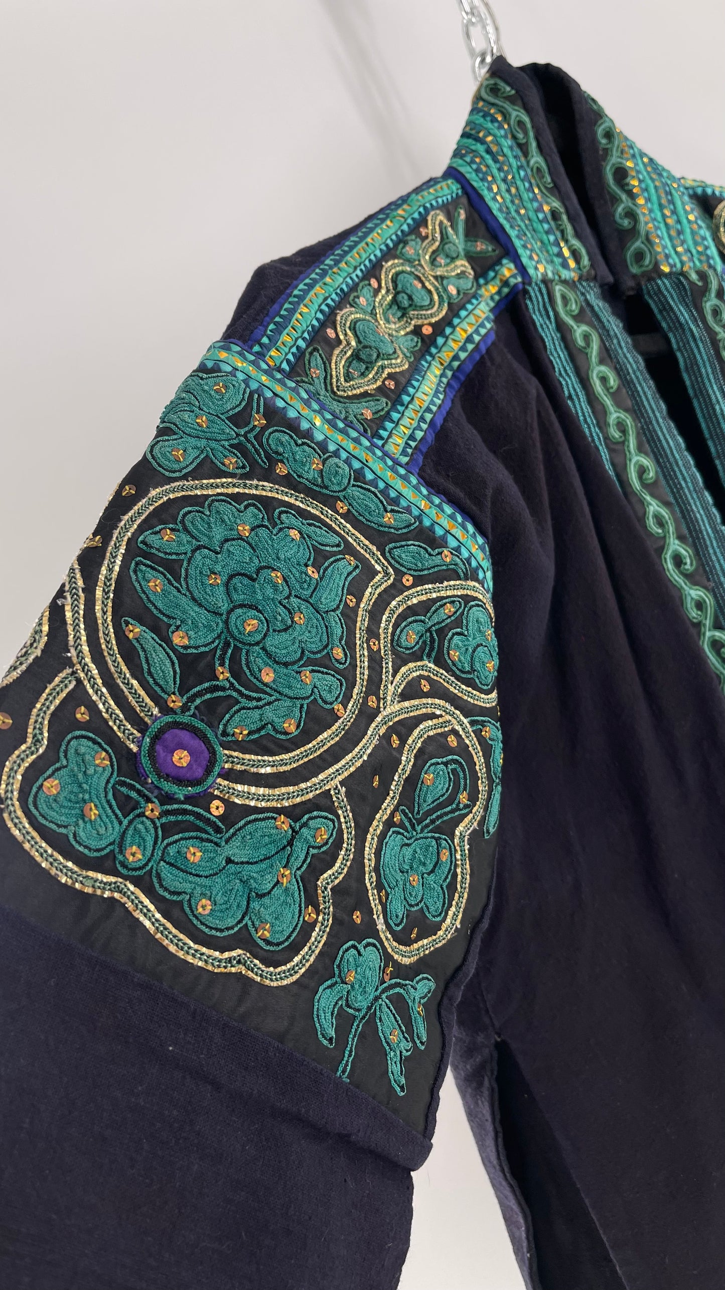 Chinese Vintage Unisex Forbidden Stitch Giuzhou Embroidered Teal Jacket (One Size)