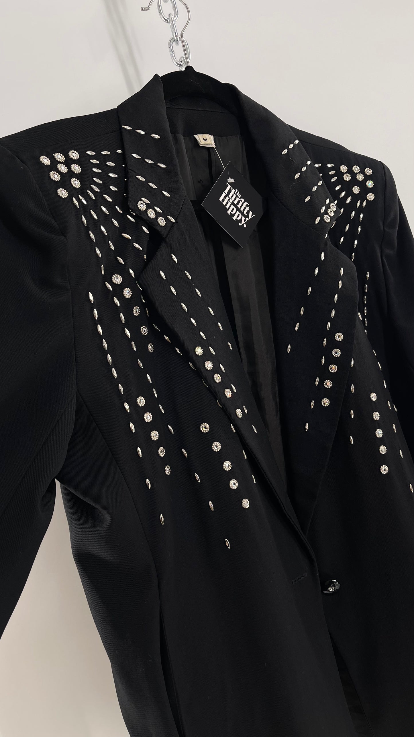 Vintage Black Blazer with Silver Metal Studs and Rhinestone Embellishments (C)(Medium)
