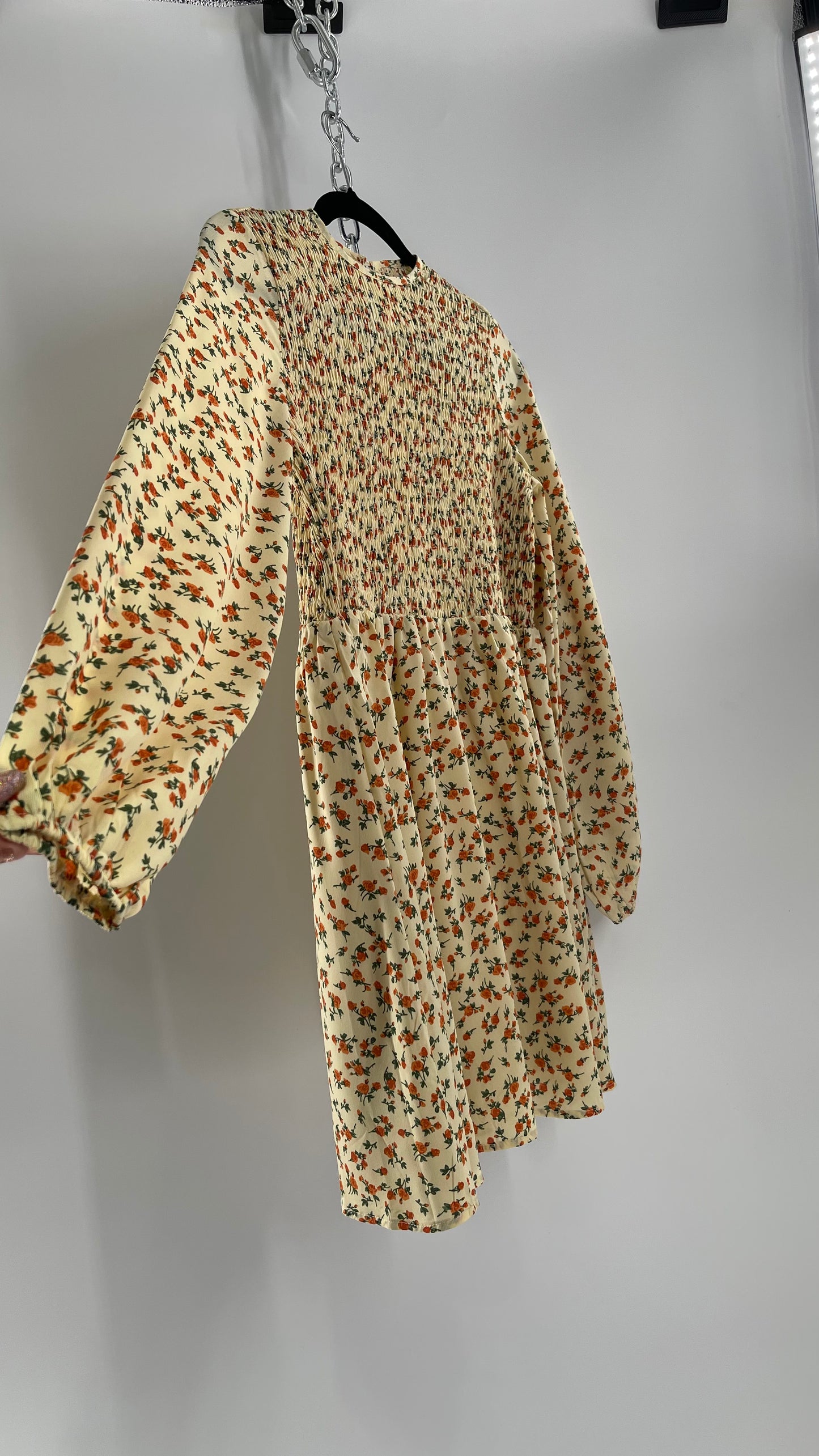 Daisy Street Baby Yellow Orange Floral Balloon Sleeve Mini with Smocked Bodice Tags Attached (Small)