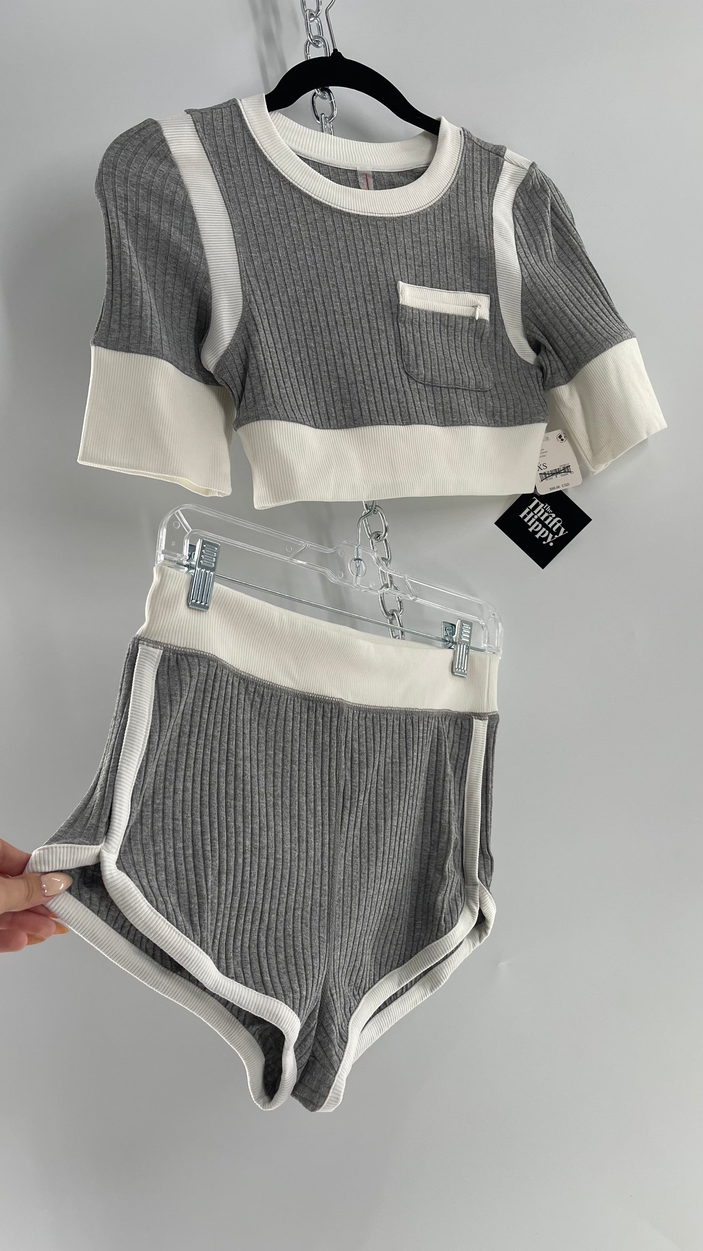 Free People Grey Knit Jersey Loungewear Set with Cropped Short Sleeve and Shorts (XS)