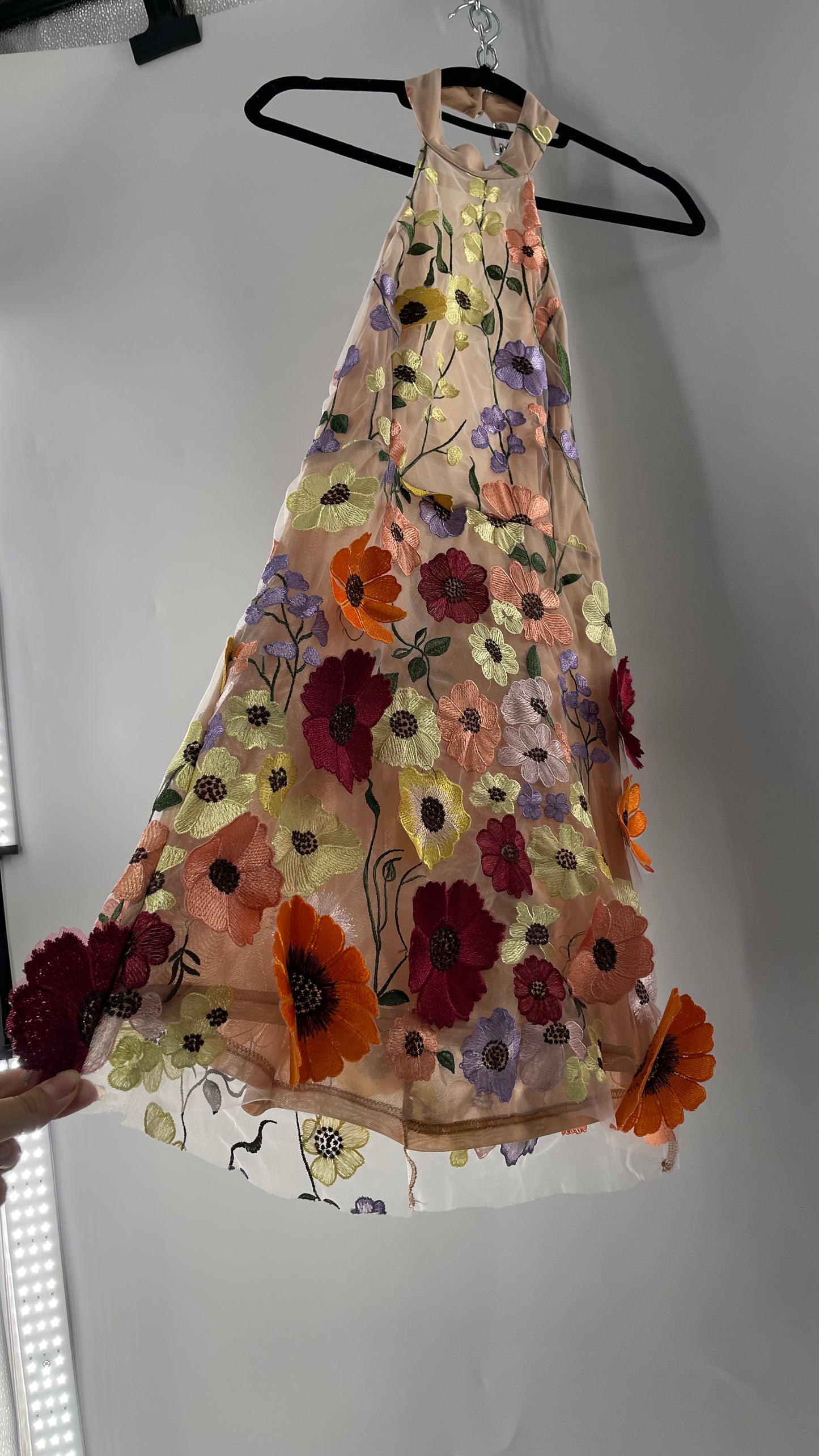Mesh Backless Mini Dress with Halter Neckline covered in 3D Colorful Embroidered Flower Appliqués (Medium)