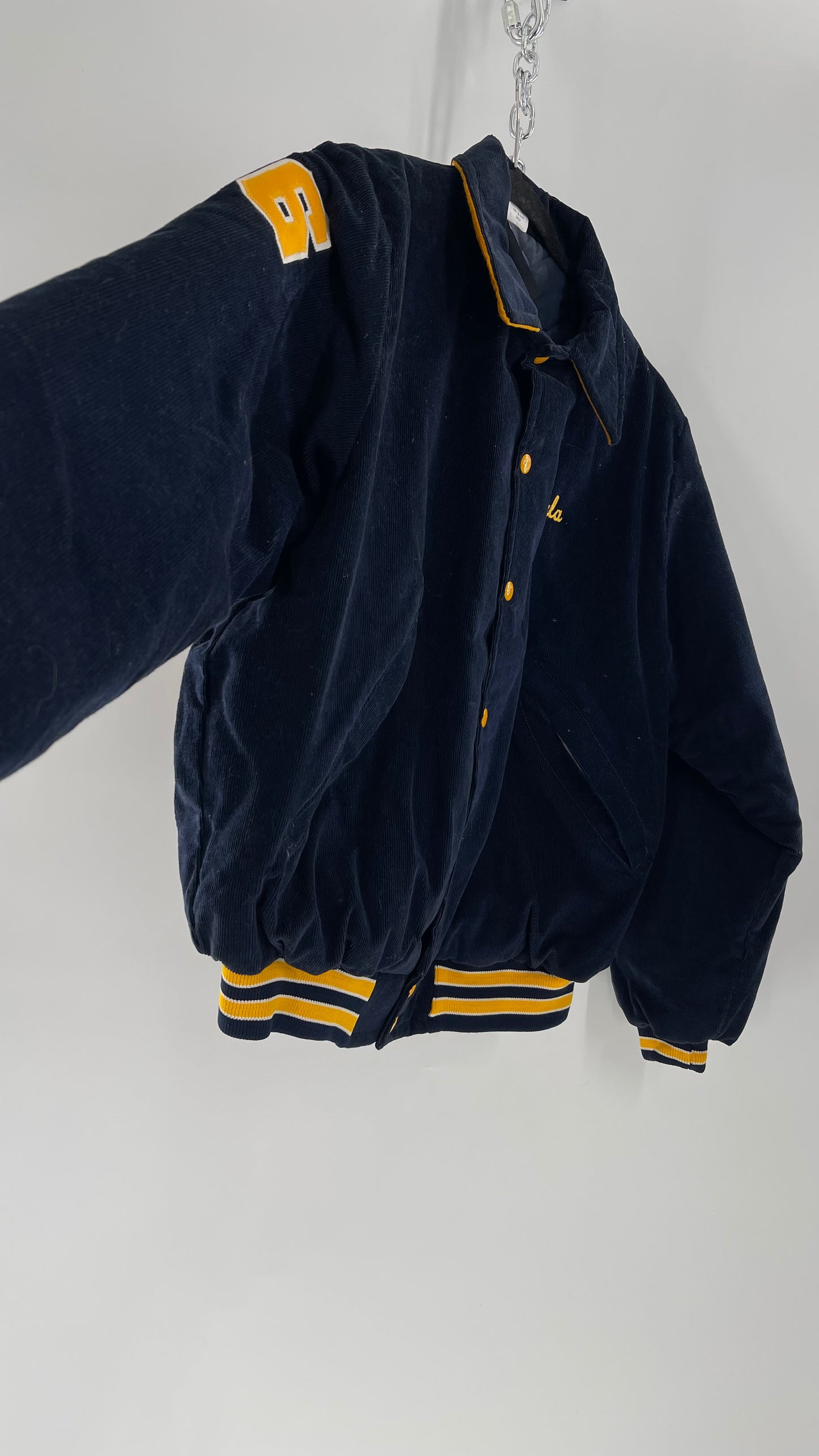 Birdie Vintage Phi Sigma Sigma Navy Blue Corduroy Varsity/Sorority Jacket with Contrast Yellow Patches and Embroidered “Paula” Monogram (Large)