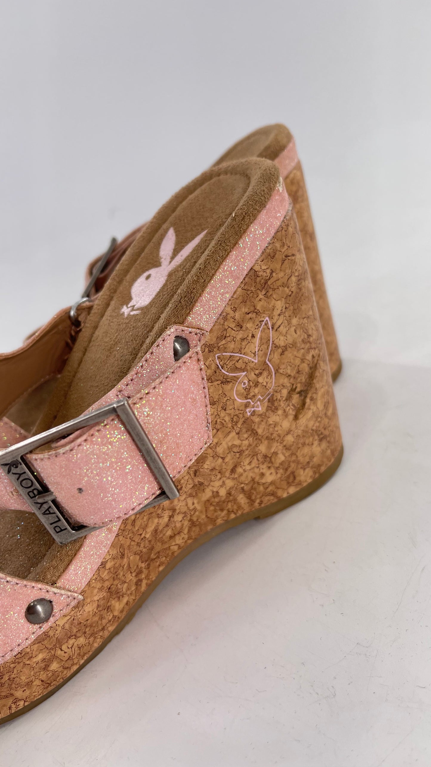 Playboy Pink Glitter Wedge Heel with Cork Heel and Playboy Engraved Buckle (6)