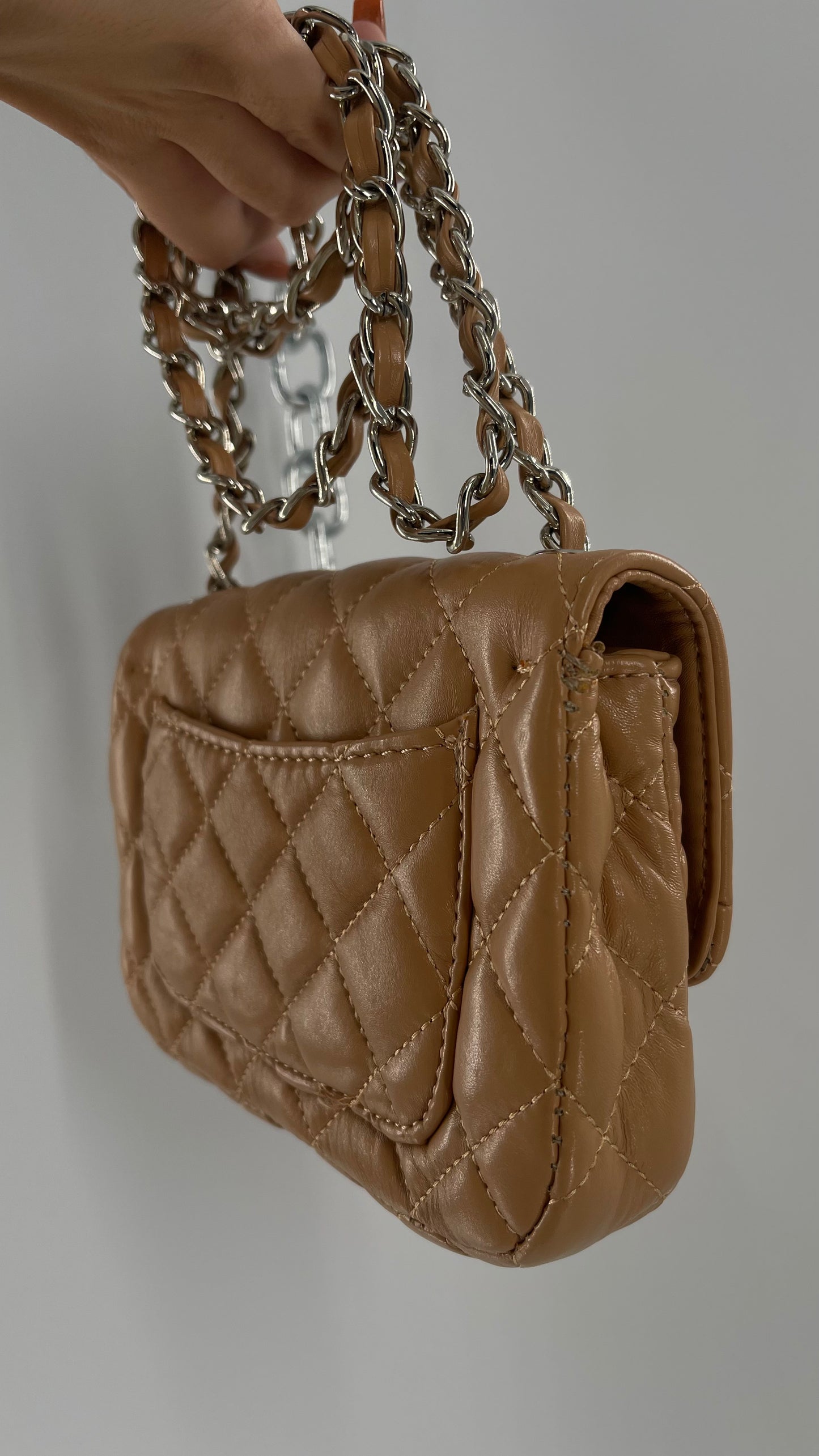 Tan Metallic Quilted Inauthentic Chanel Bag with Silver Chain Strap