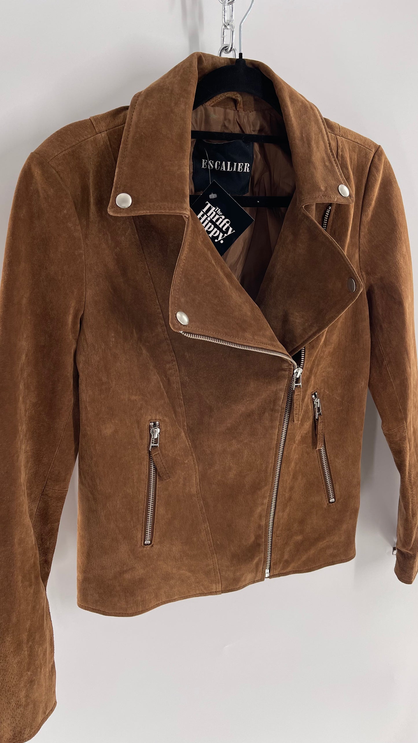 Vintage ESCALIER Brown Genuine Leather Suede Motorcycle Jacket with Heavy Duty Zippers (Medium)
