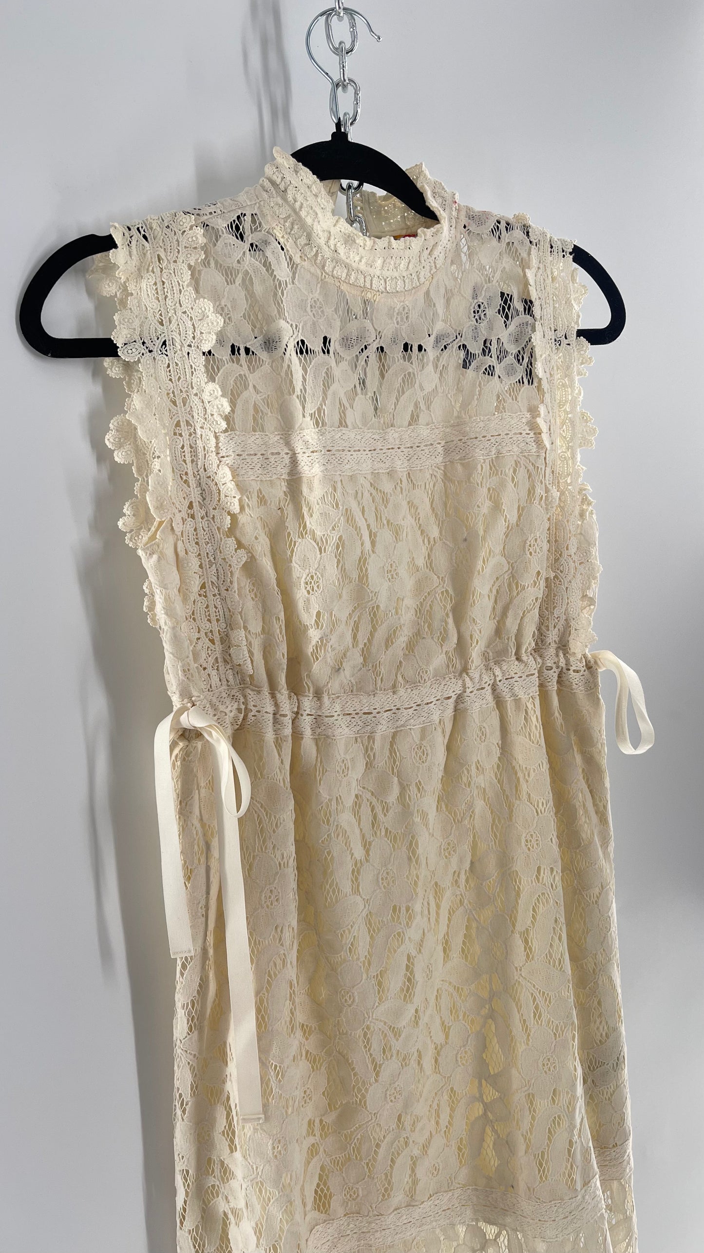 Eri + Ali Anthropologie Velvet Lace MIDI Dress with High Neckline and Side Bow Ties(XS)