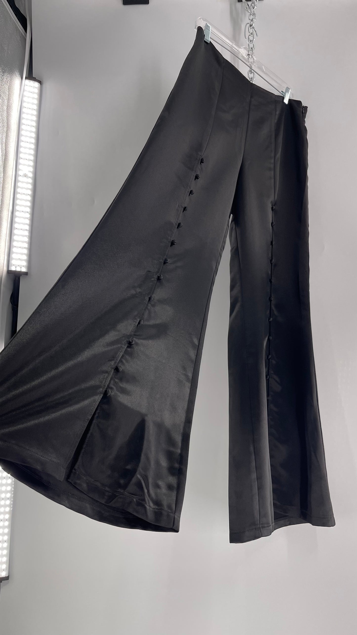 WHY Sultry Steps Black Satin Wide Leg Trouser with Vertical Strip of Satin Buttons (Medium)