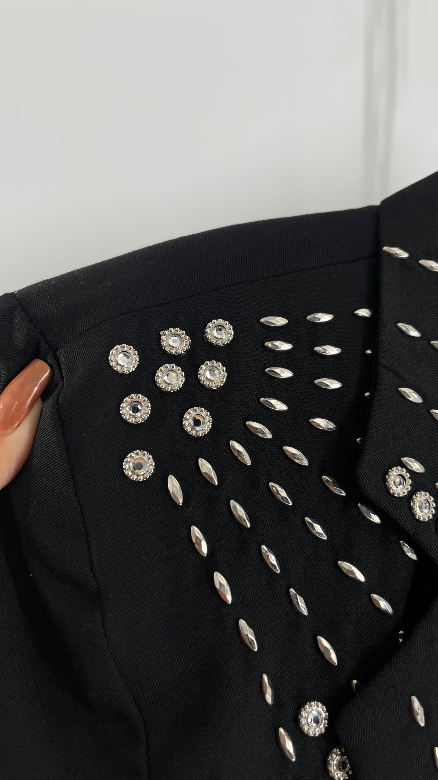 Vintage Black Blazer with Silver Metal Studs and Rhinestone Embellishments (C)(Medium)