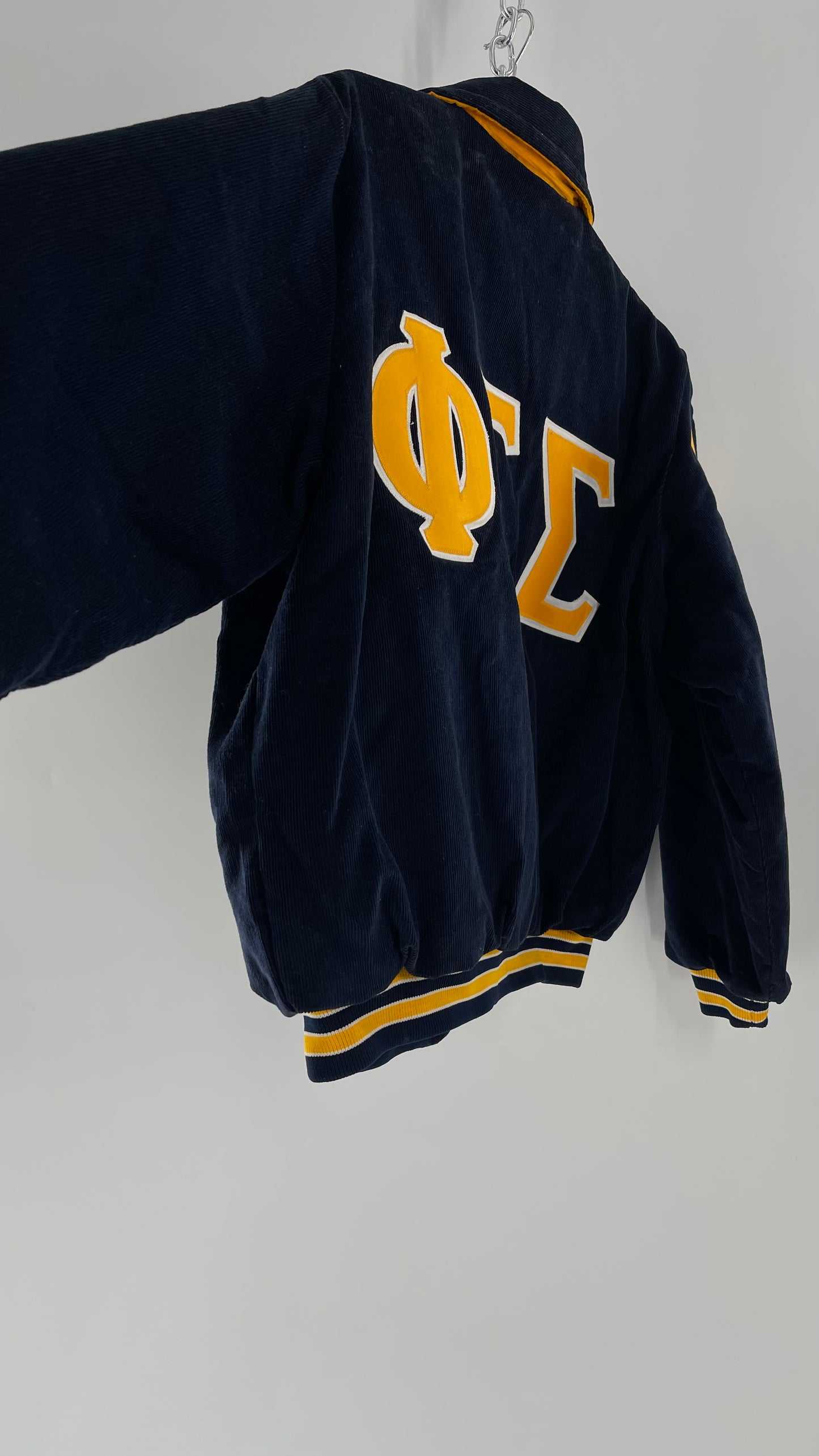 Birdie Vintage Phi Sigma Sigma Navy Blue Corduroy Varsity/Sorority Jacket with Contrast Yellow Patches and Embroidered “Paula” Monogram (Large)