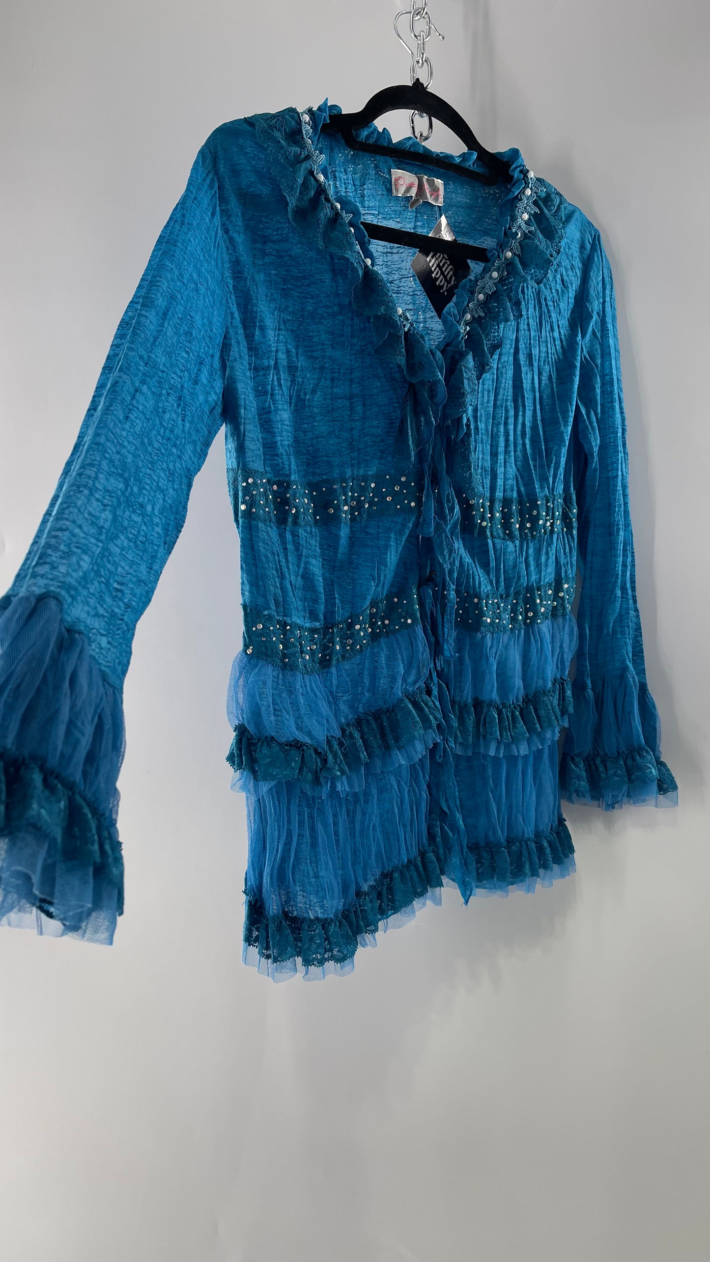 Vintage Pretty Angel Blue Long Sleeve Grommet Tie Bedazzled Blouse with Lace Ruffles and Pearlescent Beading (Large)