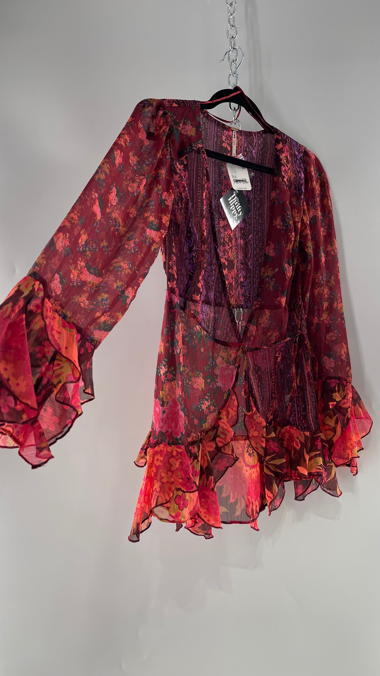 Free People Maroon/Burgundy Red Floral Tie Front Blouse with Ruffled Sleeves and Hem with Tags Attached (XS)