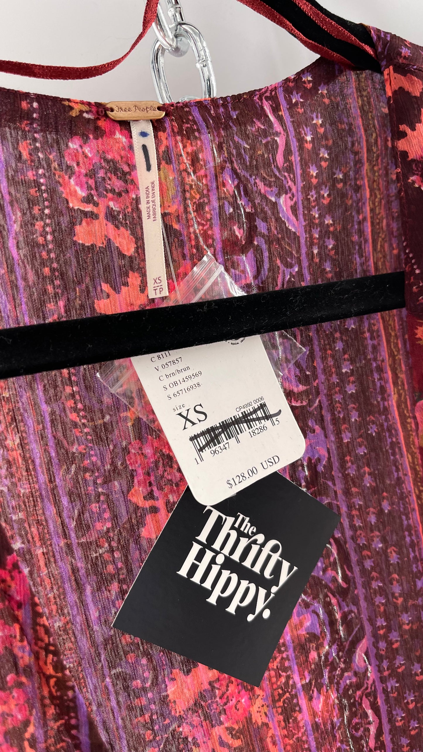Free People Maroon/Burgundy Red Floral Tie Front Blouse with Ruffled Sleeves and Hem with Tags Attached (XS)