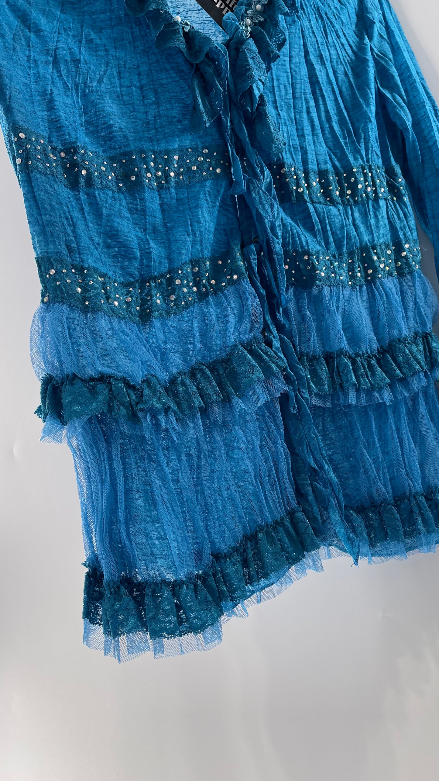 Vintage Pretty Angel Blue Long Sleeve Grommet Tie Bedazzled Blouse with Lace Ruffles and Pearlescent Beading (Large)