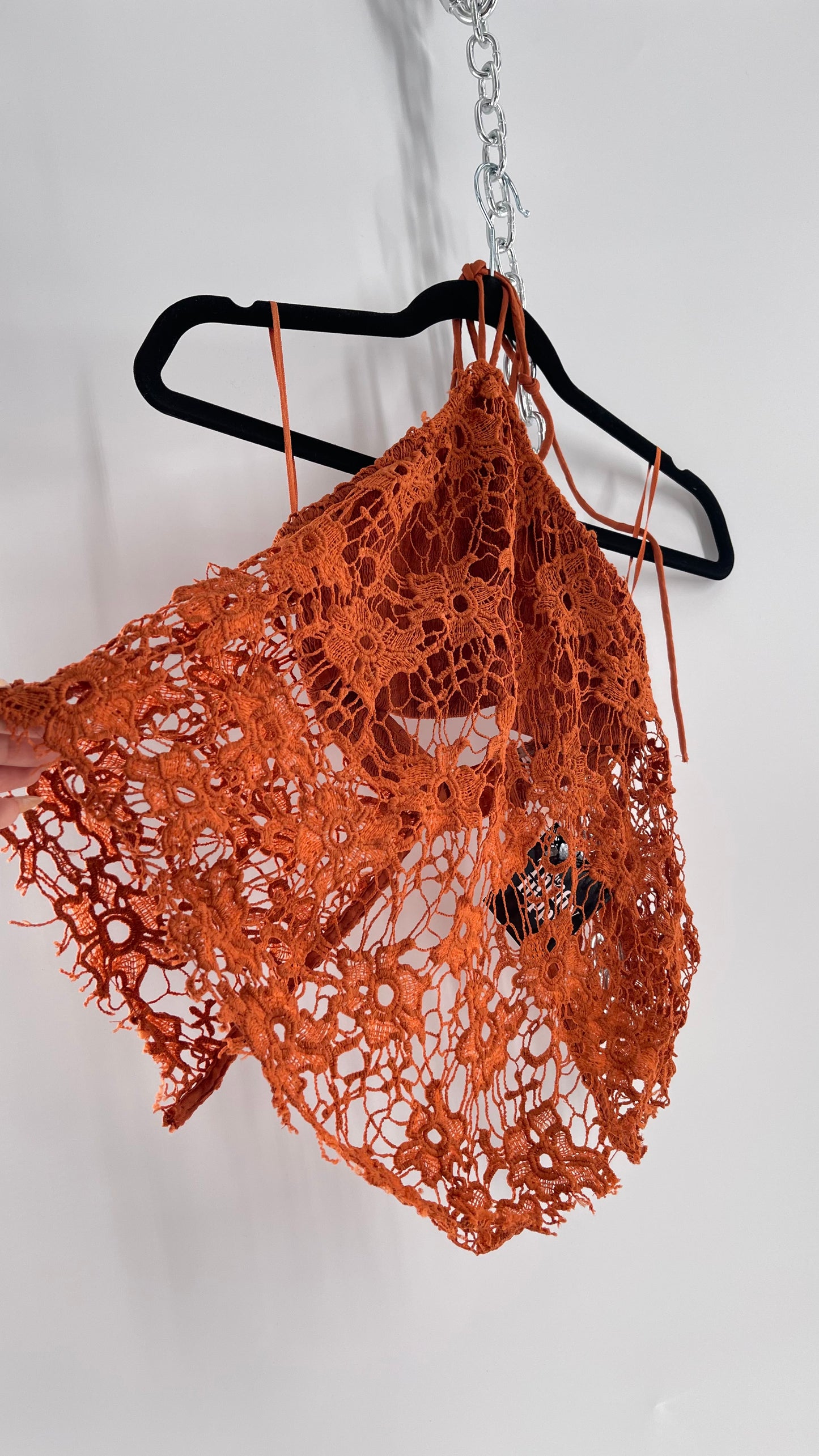 Free People Burnt Orange Lace Halter with Pointed Handkerchief Hem (XS)
