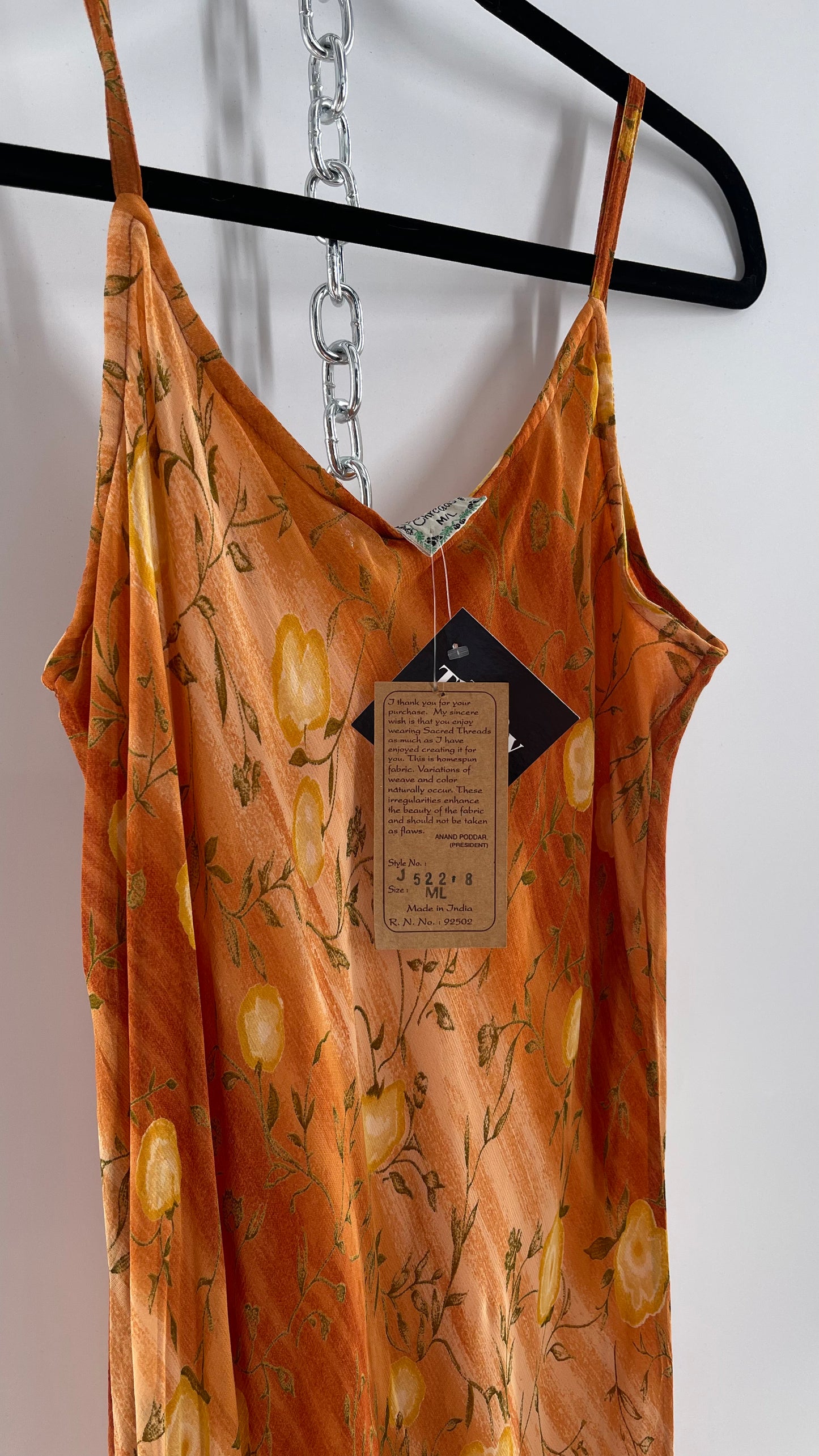 Deadstock Vintage 1990s Sacred Threads Midi Sunset Ombré Dress with Yellow Flowers (M/L)