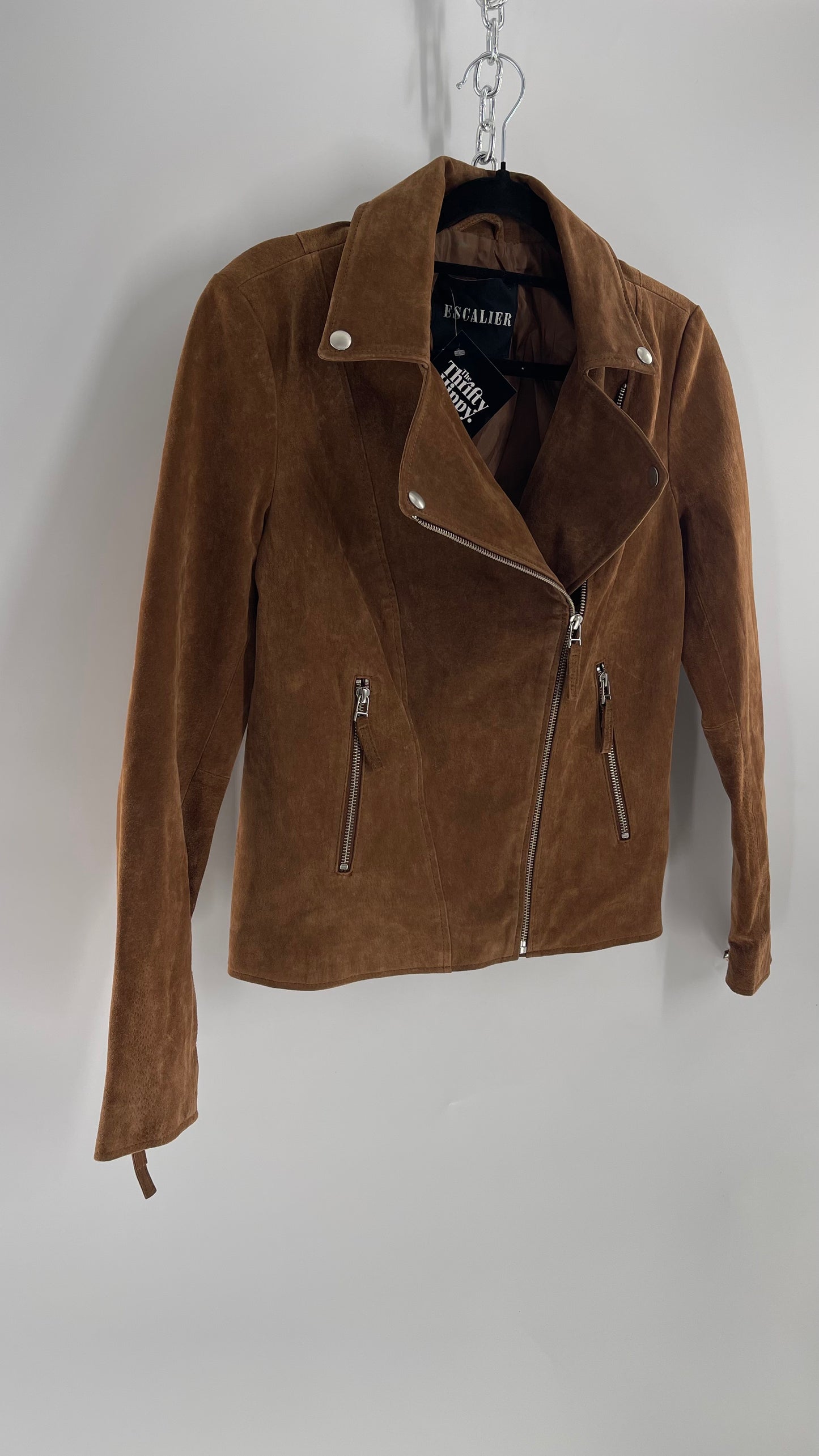 Vintage ESCALIER Brown Genuine Leather Suede Motorcycle Jacket with Heavy Duty Zippers (Medium)