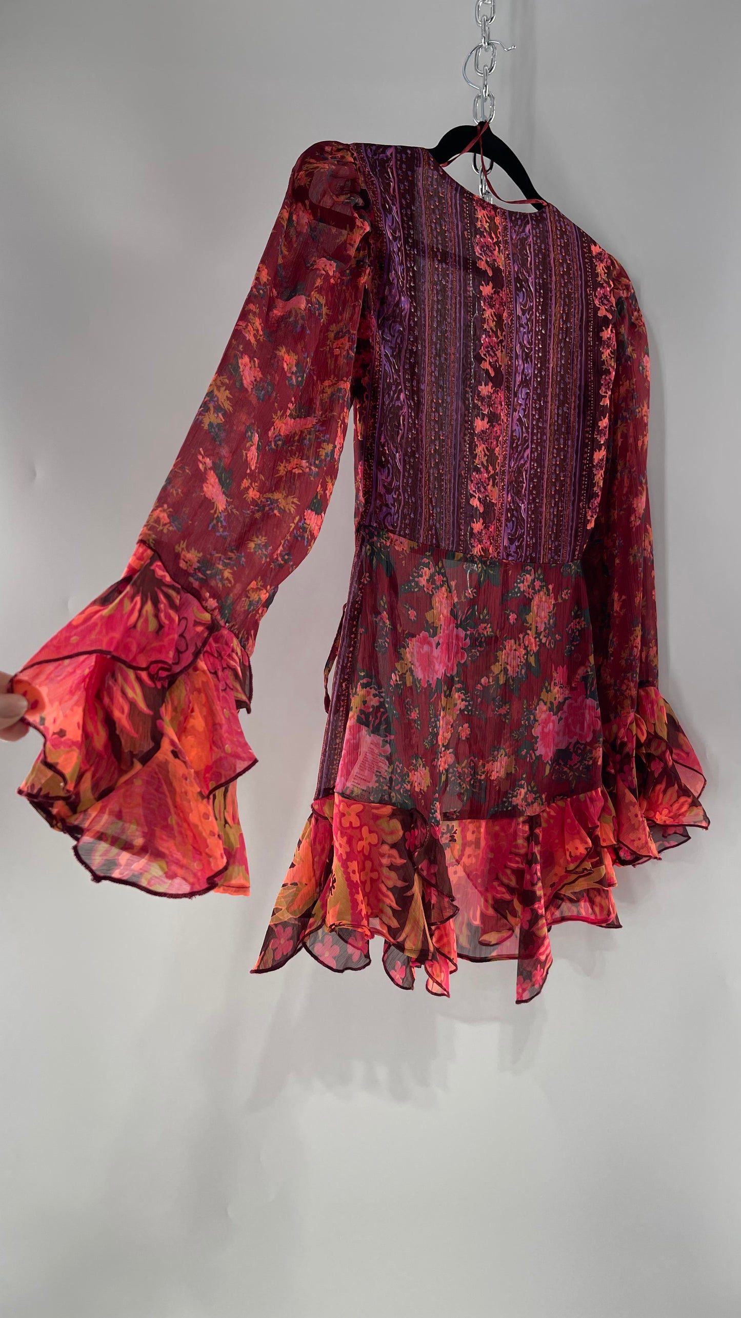 Free People Maroon/Burgundy Red Floral Tie Front Blouse with Ruffled Sleeves and Hem with Tags Attached (XS)