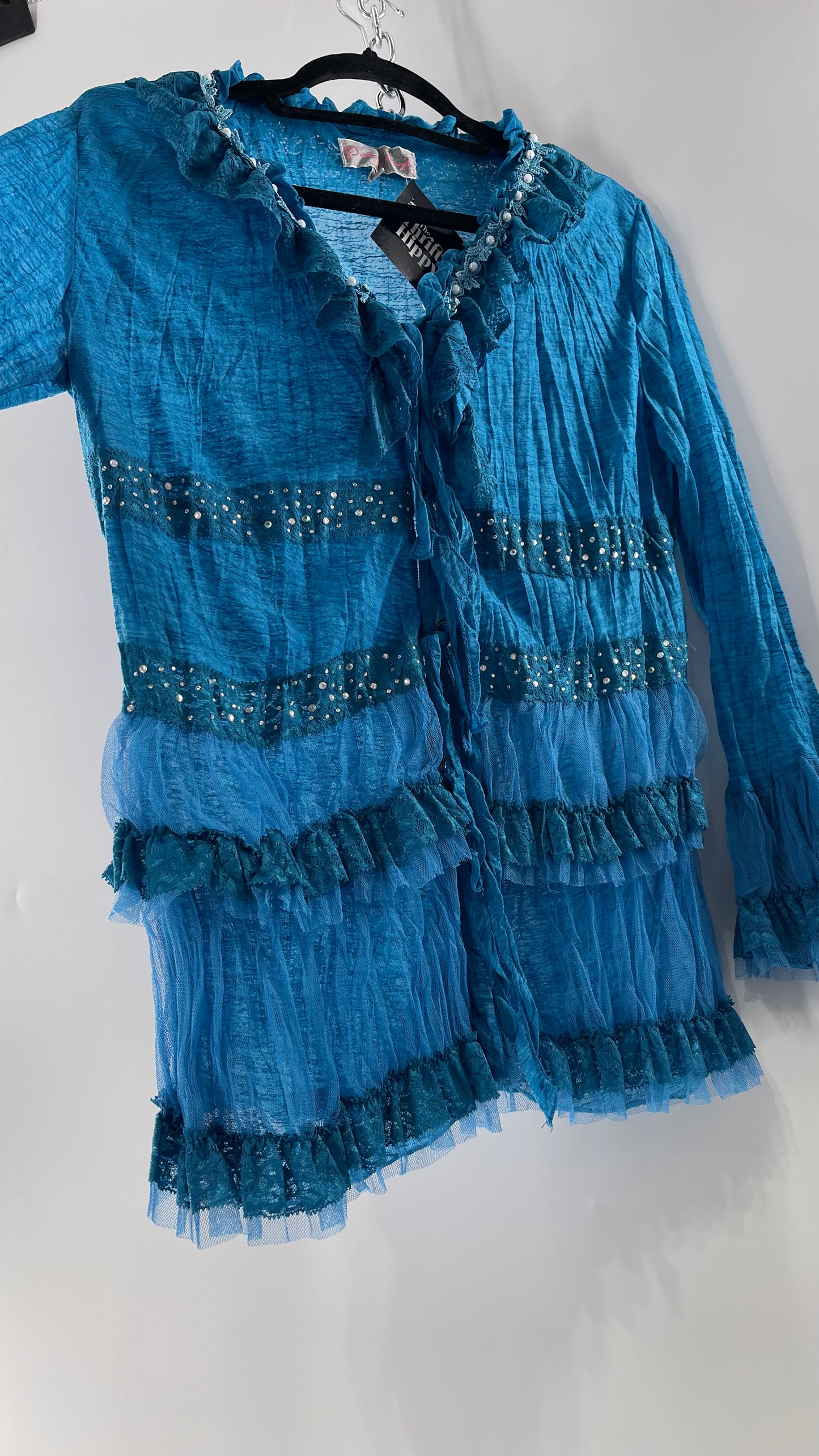 Vintage Pretty Angel Blue Long Sleeve Grommet Tie Bedazzled Blouse with Lace Ruffles and Pearlescent Beading (Large)