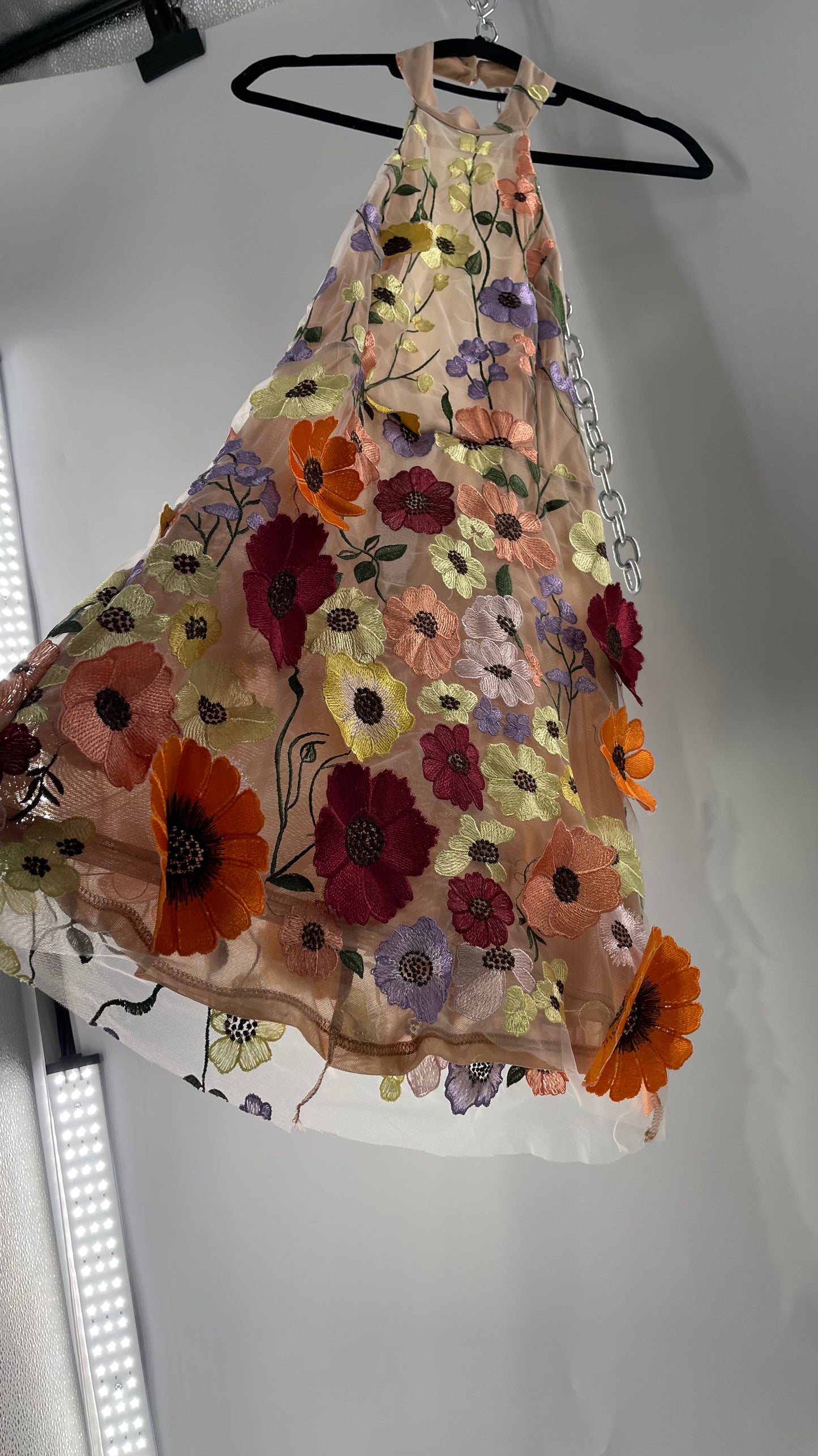 Mesh Backless Mini Dress with Halter Neckline covered in 3D Colorful Embroidered Flower Appliqués (Medium)
