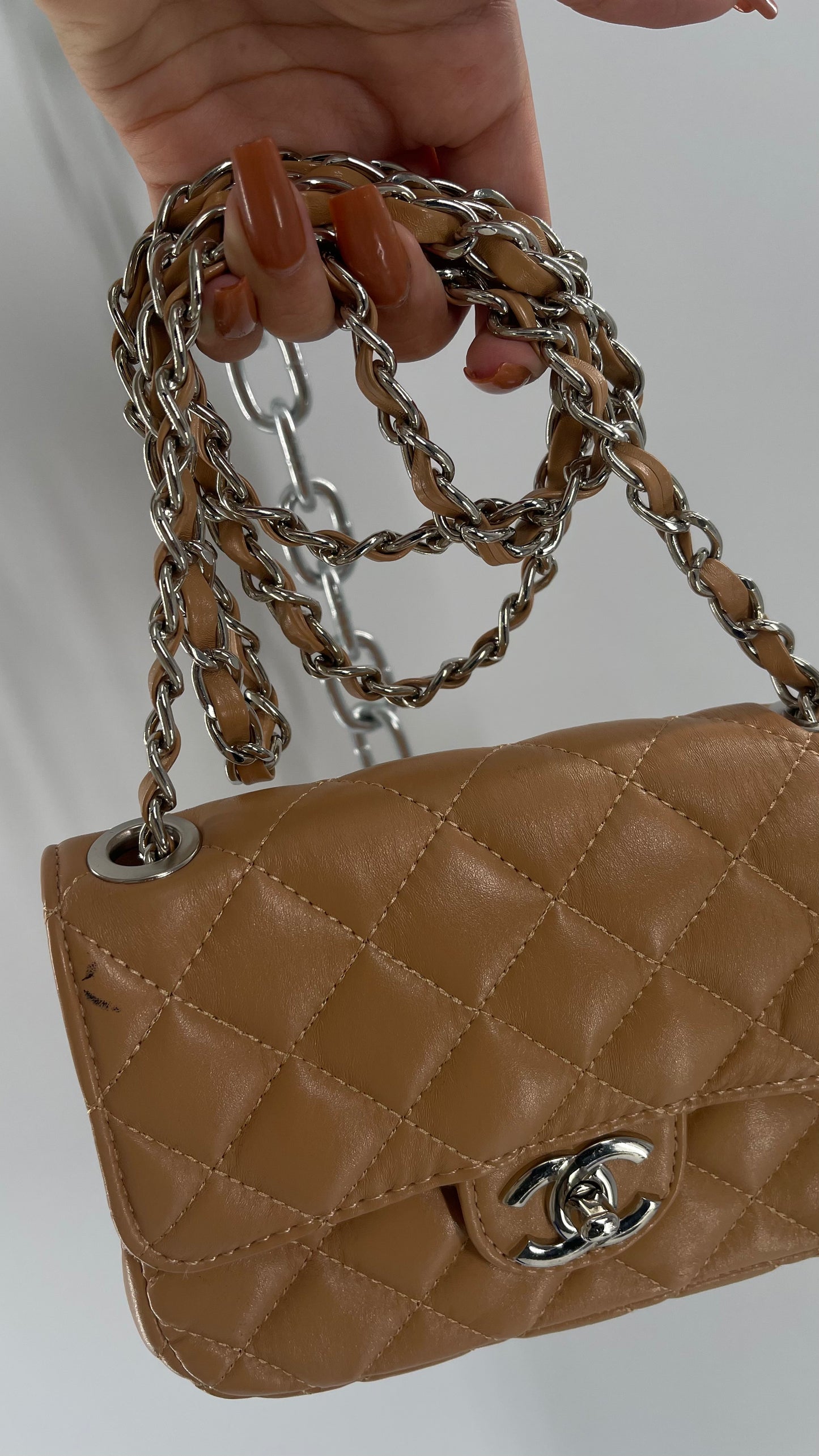Tan Metallic Quilted Inauthentic Chanel Bag with Silver Chain Strap